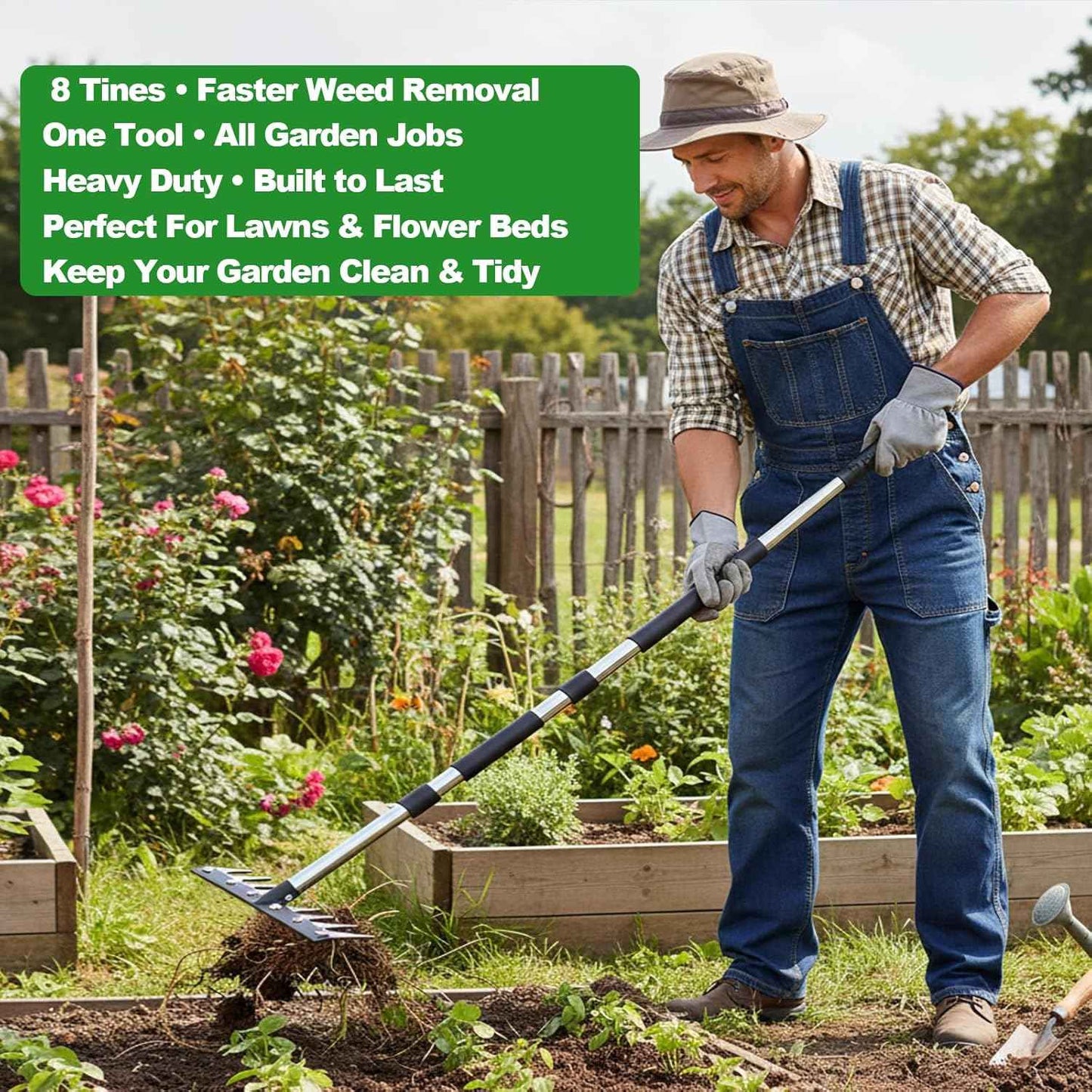 Iron Rake for Weeding, Garden Metal Rake Heavy Duty with 60 Inch Long Handle, Garden Weeding Rake Tools, 8 Tines Gardening Weed Rake Tool, Weeder Tool Weed Puller for Backyard Farm Planting Weeding