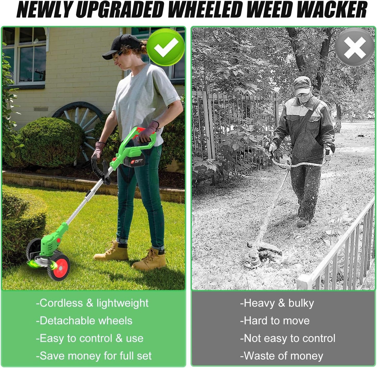 Cordless Weed Wacker Eater Electric Battery Powered, 21V Lightweight Weed Trimmer Edger Lawn Tool with 2Pcs 2000mAh Battery, 3 in 1 Stringless Grass Trimmer/Edger/Brush Cutter for Garden Yard Lawn