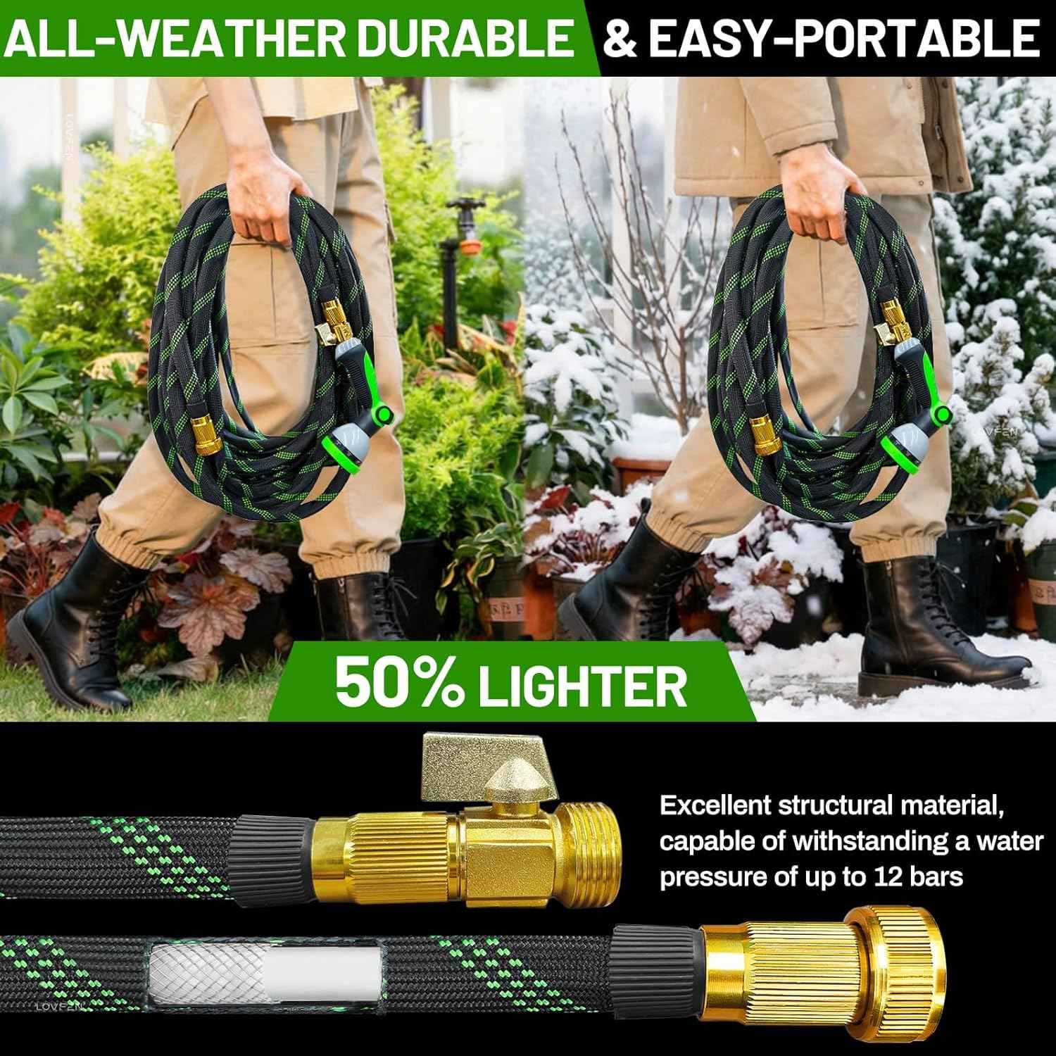 SUPCLUB 200Ft (100Ft+100Ft) Non-Expandable Garden Hose with 3750D Oxford Fabric, Kink & Leak Proof, Lightweight Outdoor Water Hose