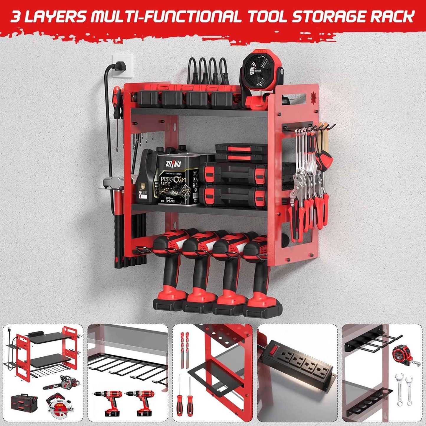 TOPRINCE Power Tool Organizer Wall Mount with Charging Station, 3-Tier Heavy Duty Metal Tool Rack with 4 Drill Holders and 6FT Power Strip, Garage Workshop Storage.Red