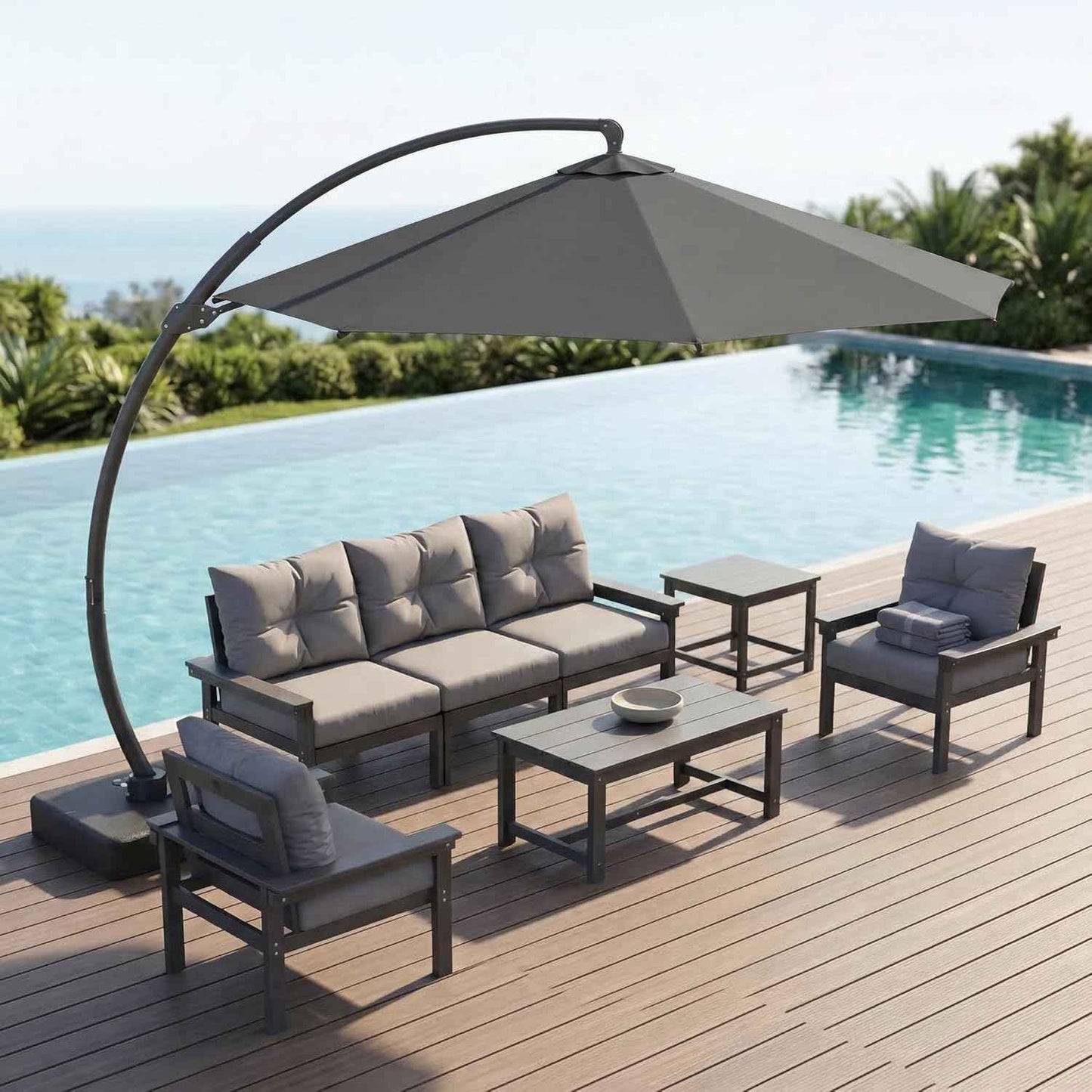 11 FT Cantilever Umbrella with Base Included, Large Round 360° Rotation Offset Umbrella Outdoor Patio, Heavy Duty Aluminum Frame, Sand-Weighted Stand, for Deck, Backyard, Pool, Garden (Grey)
