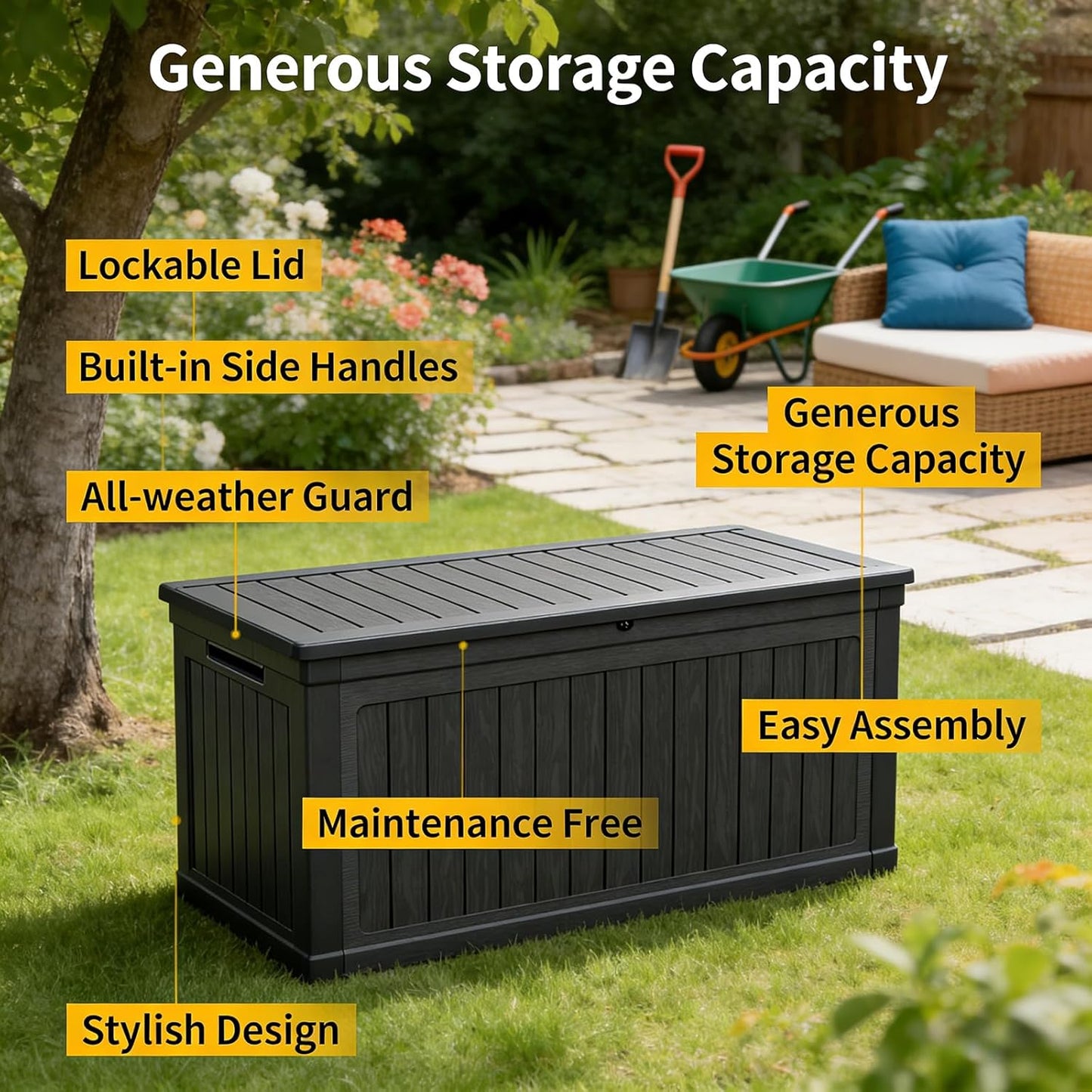 230 Gallon Lockable Resin Deck Box, Waterproof Outdoor Storage Box for Patio Furniture Cushions, Garden Tools & Pool Accessories Storage, Black