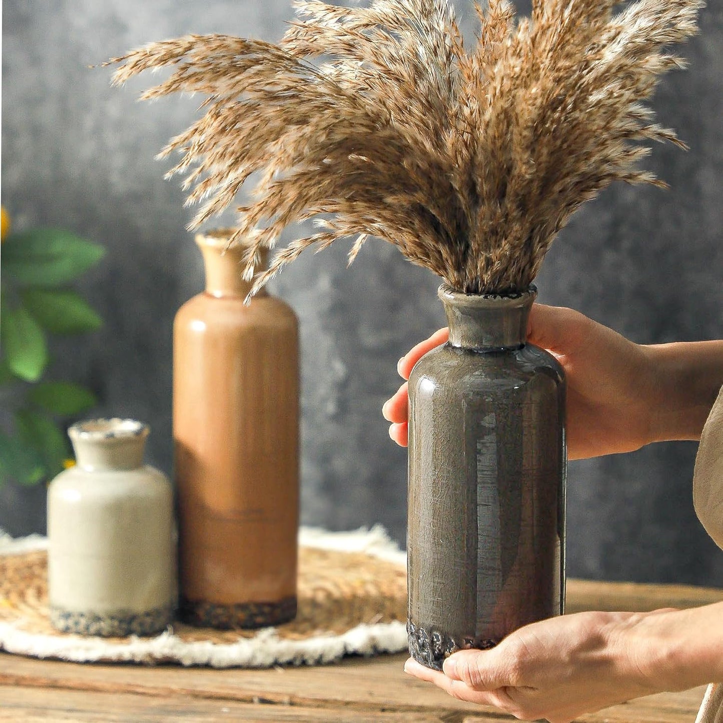 Ceramic Vase Set of 3, Neutral Flower Vases Home Decor, Pottery Rustic Farmhouse Decorative Vases Modern Decor for Table Mantel Entryway Bookshelf Living Room Kitchen Bedroom - Brown