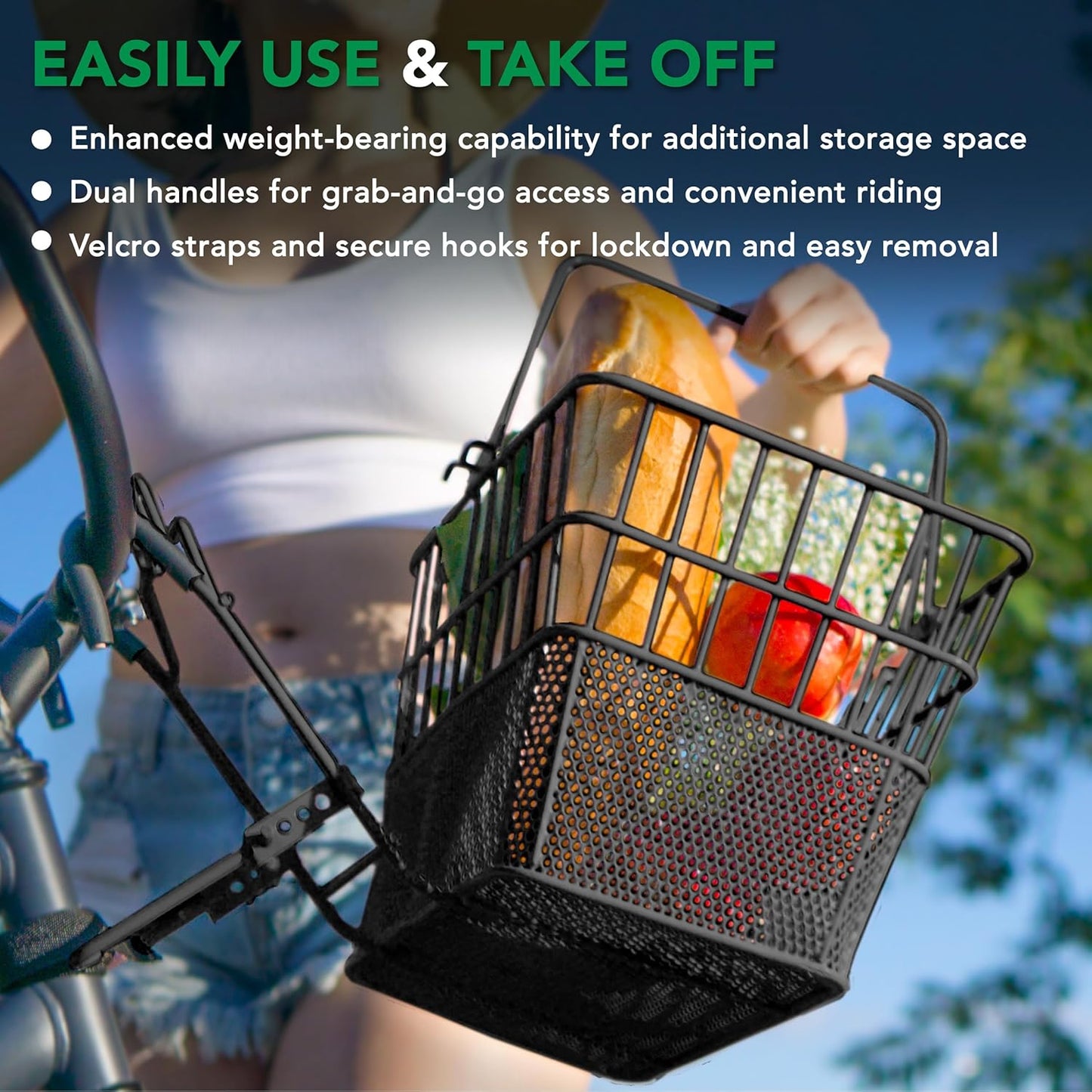 ProSource Wire Bike Basket Front for All Ages, Detachable Bicycle Front Basket with 15lbs Storage Capacity, Lightweight Steel Mesh Backing for Durable Daily Use, Black