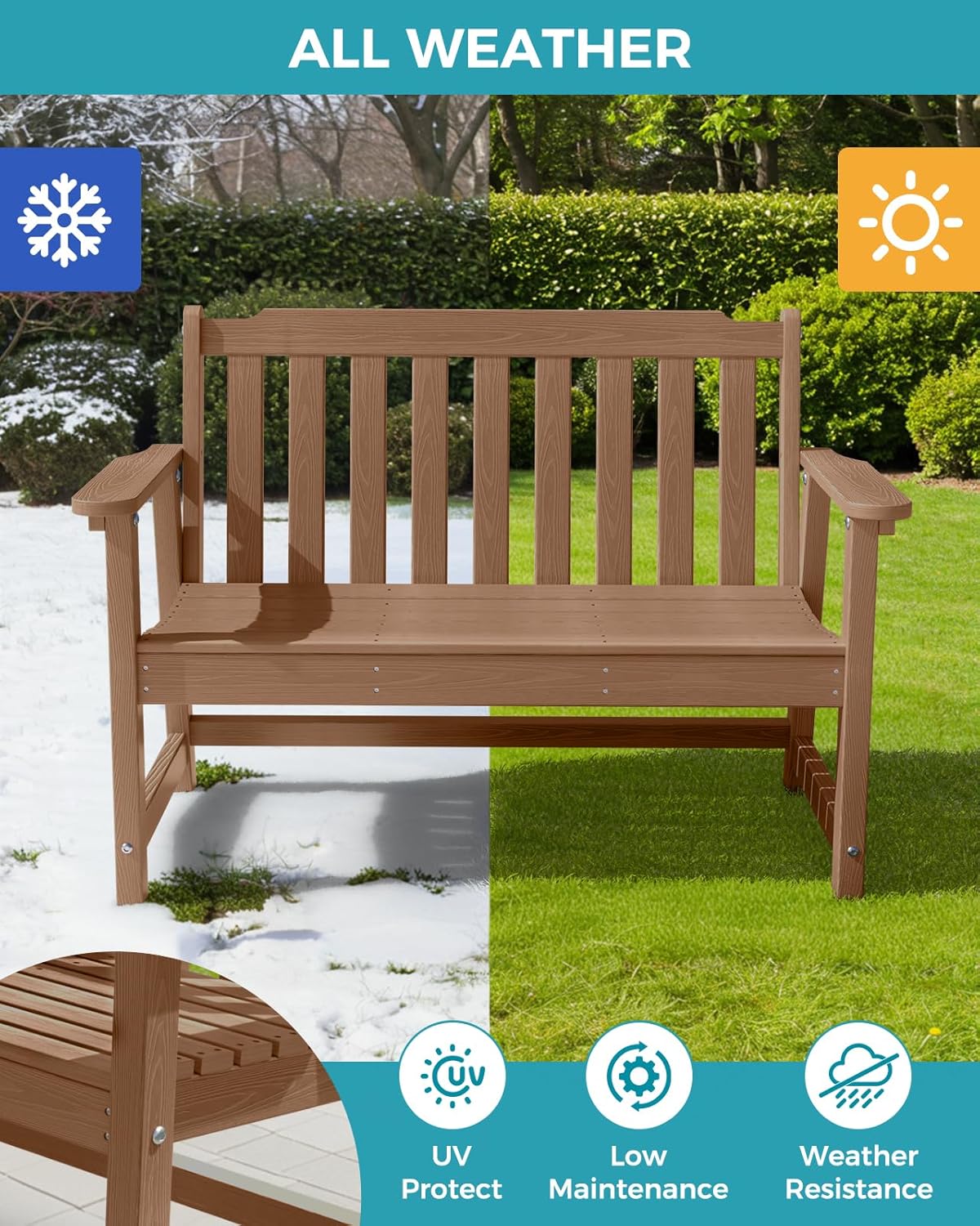 Outdoor Bench, 2-Person HDPE Garden Bench, All Weather Poly Patio Bench for Outdoors, Garden, Backyard, Porch and Park, 660 lbs Weight Capacity, Teak, 2 Pack