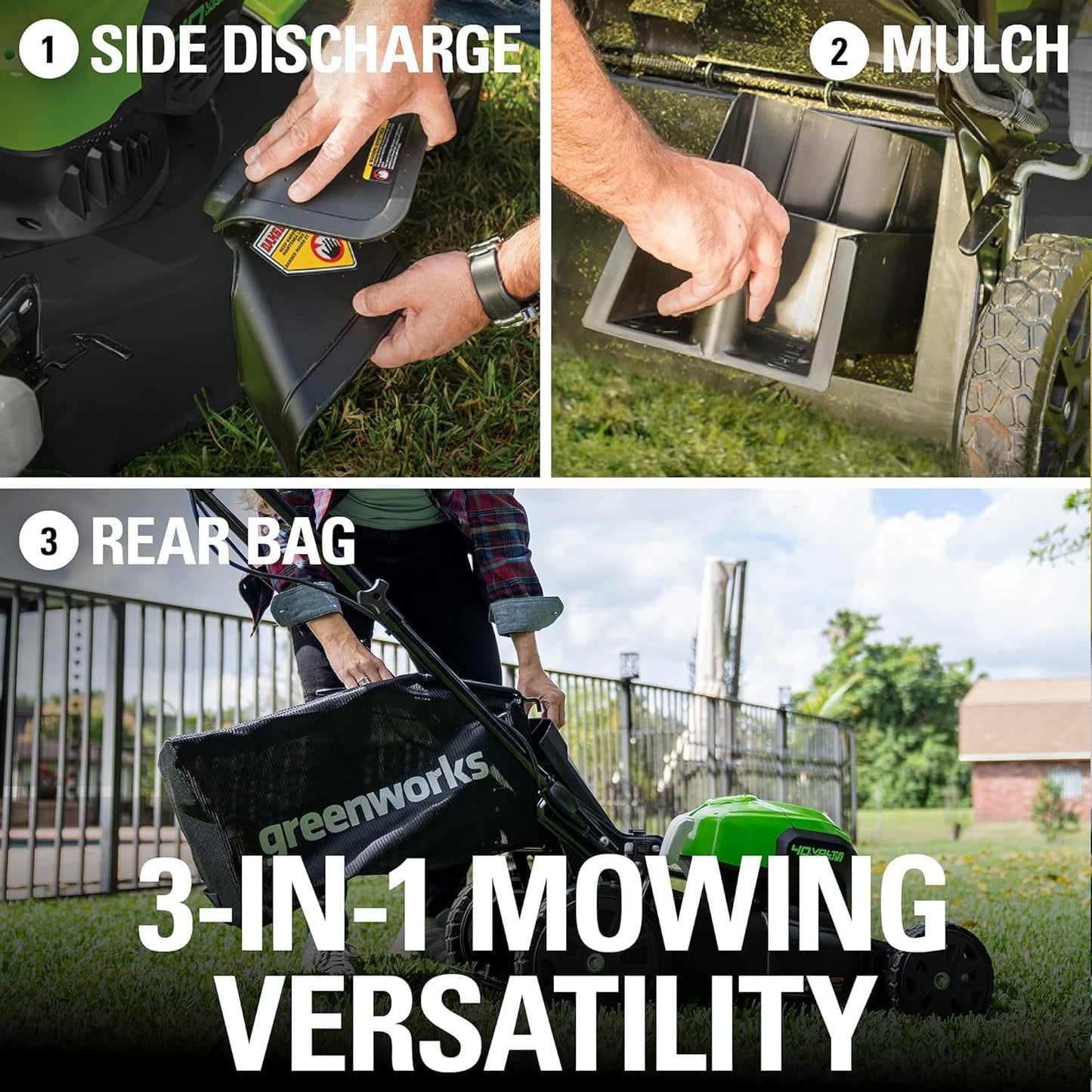 Greenworks 40V 21" Self-Propelled Lawn Mower,Axial Leaf Blower(500 CFM / 120 MPH),13" String Trimmer, 160 PSI Portable Tire Inflator, Includes 2 Batteries(5Ah+2Ah) & Chargers