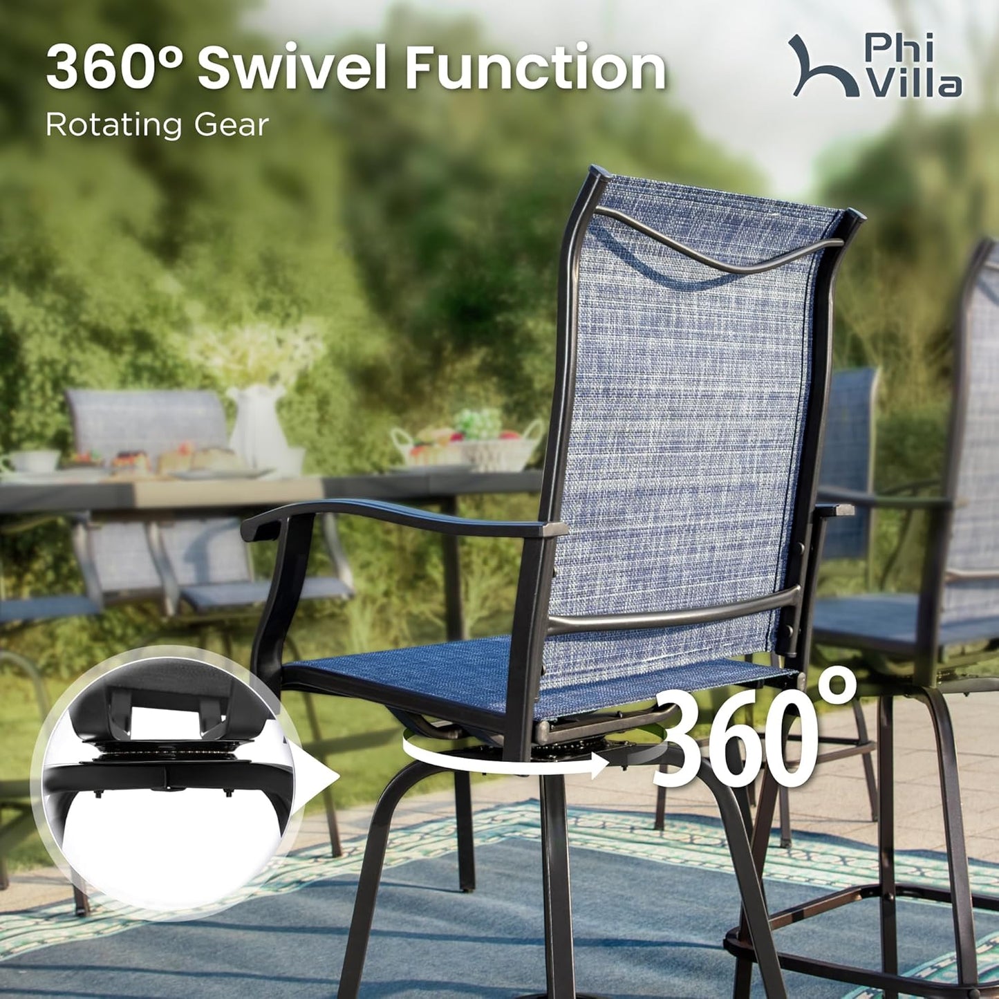 PHI VILLA 3Pcs Outdoor Swivel Bar Stools Set, Bar Height Patio Table and Chairs with All Weather Textilene Fabric, Pub Bar Bistro Tall Furniture Set for Outdoor, Blue