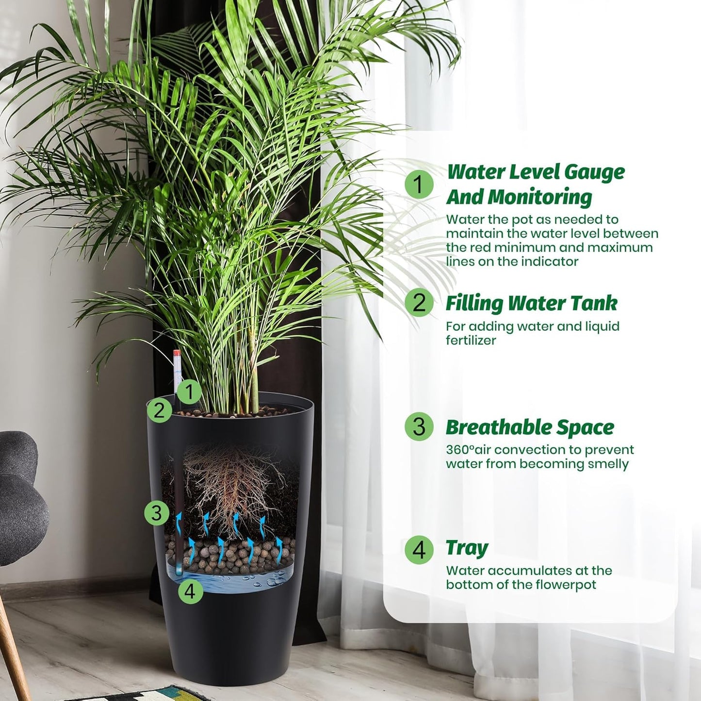 22" Tall Planter Set of 2, Self-Watering Pots, Large Plastic Flower Pots with Drainage & Water Level Monitor, Indoor Outdoor Use for Patio, Porch, Living Room, Office, White & Black