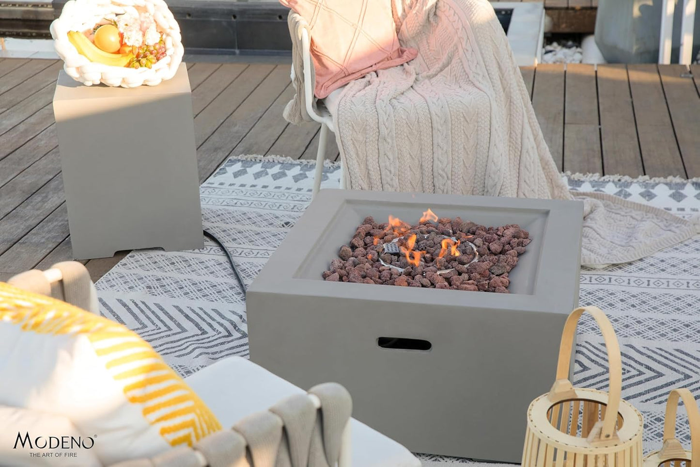 AMS Fireplace | Modeno Ridgefield Package | Light Gray Liquid Propane Gas Fire Pit Table for Outside Patio Bundle with Tank Cover, Wind Guard, SS Burner Lid | Free Ice Bucket & Rubber Mat