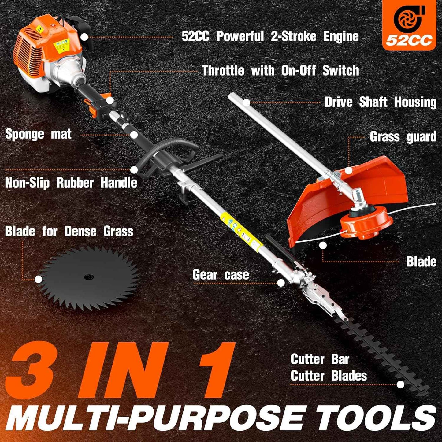 52cc 3 in 1 Gas String Trimmer with Gas Hedge Trimmer,2-Stroke Brush Cutter Gas Powered,Gas Weed Eater Trimmer for Weeds and Grass (52cc Gas Trimmer)