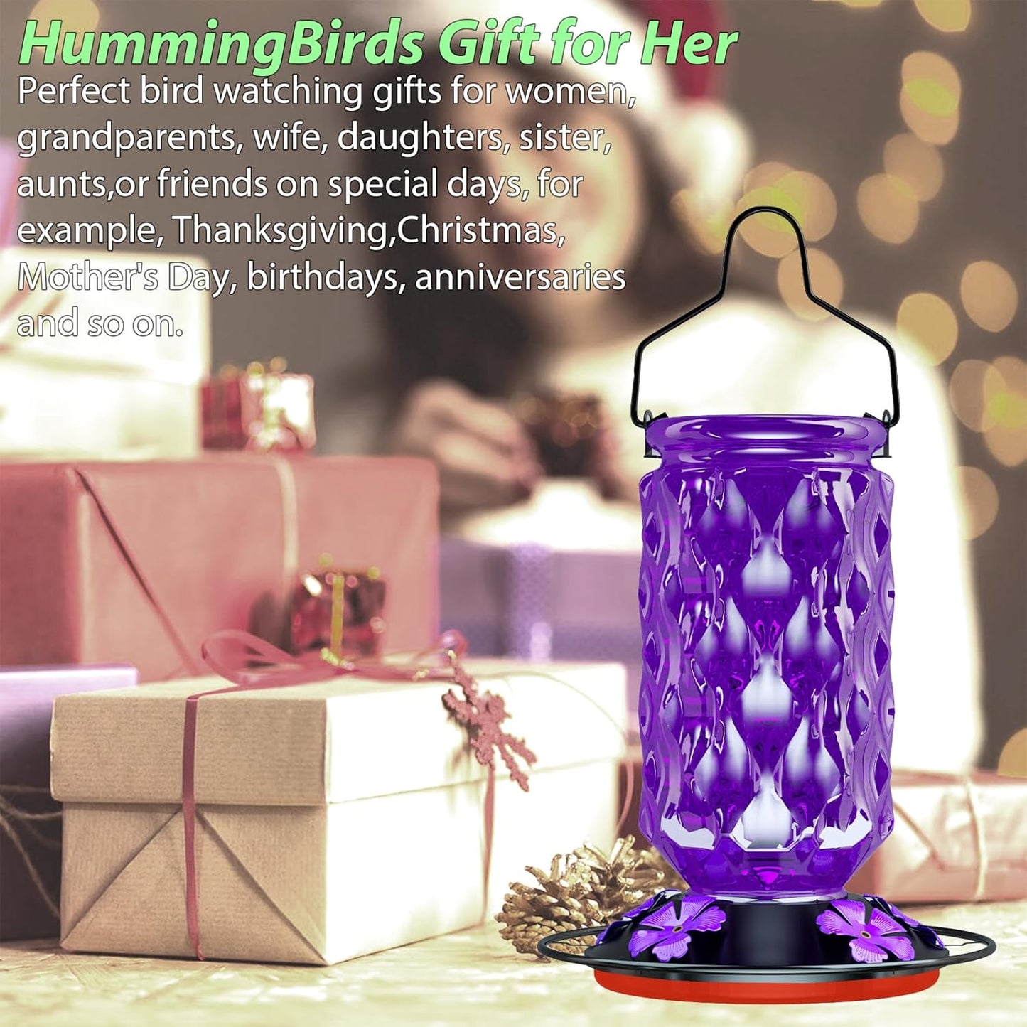 24OZ Glass Hummingbird Feeders for Outdoors Hanging,Five Feeding Ports with Perch, Leak Proof for Gardens Decor Backyard, Bird Feeder for Outside, Birthday Gifts for Women Men, Gifts for Mom Dad