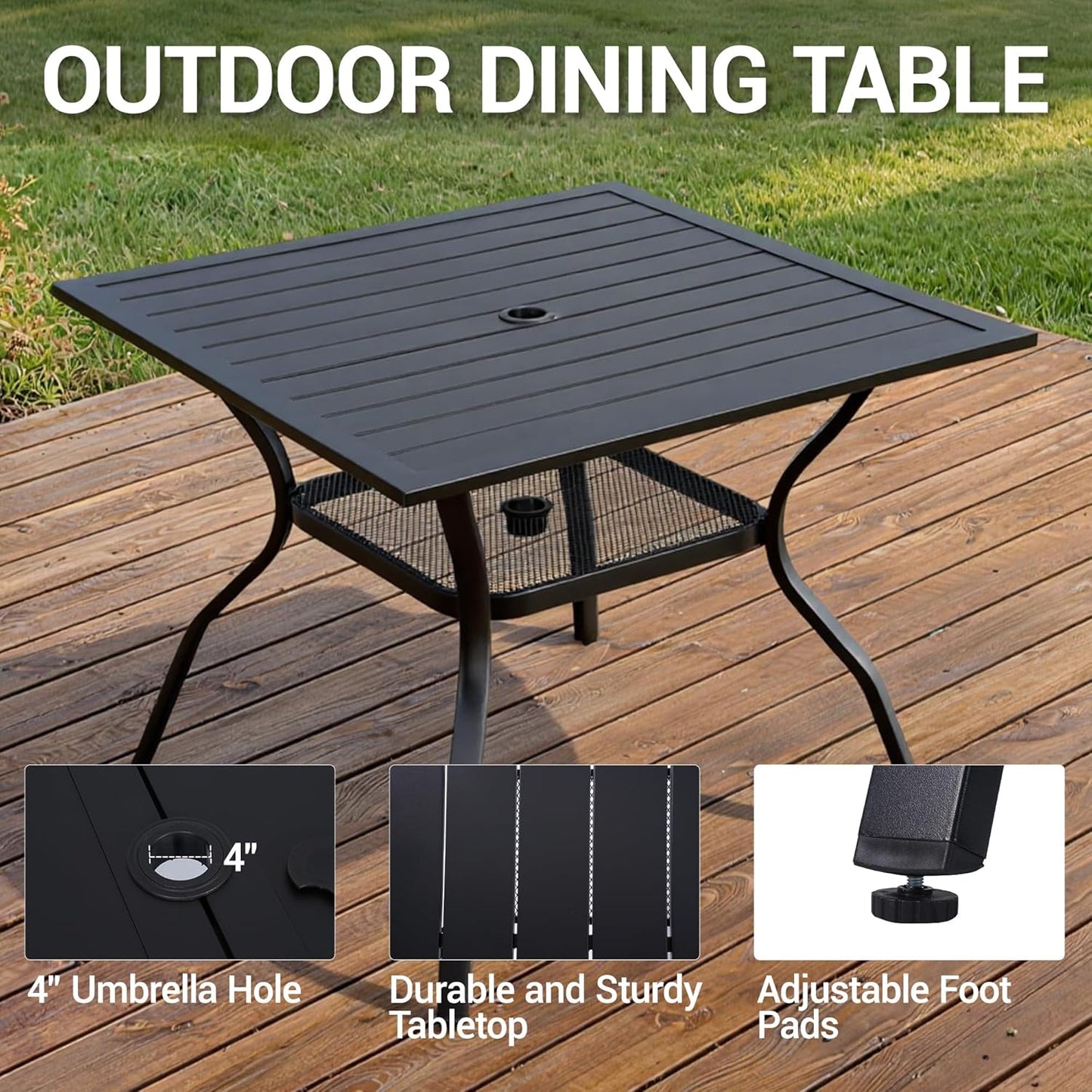 Outdoor Patio Dining Table for 4 People, 37" All-Weather Resistant Metal Square Table with Adjustable Umbrella Hole for Garden Backyard Porch Poolside, Black