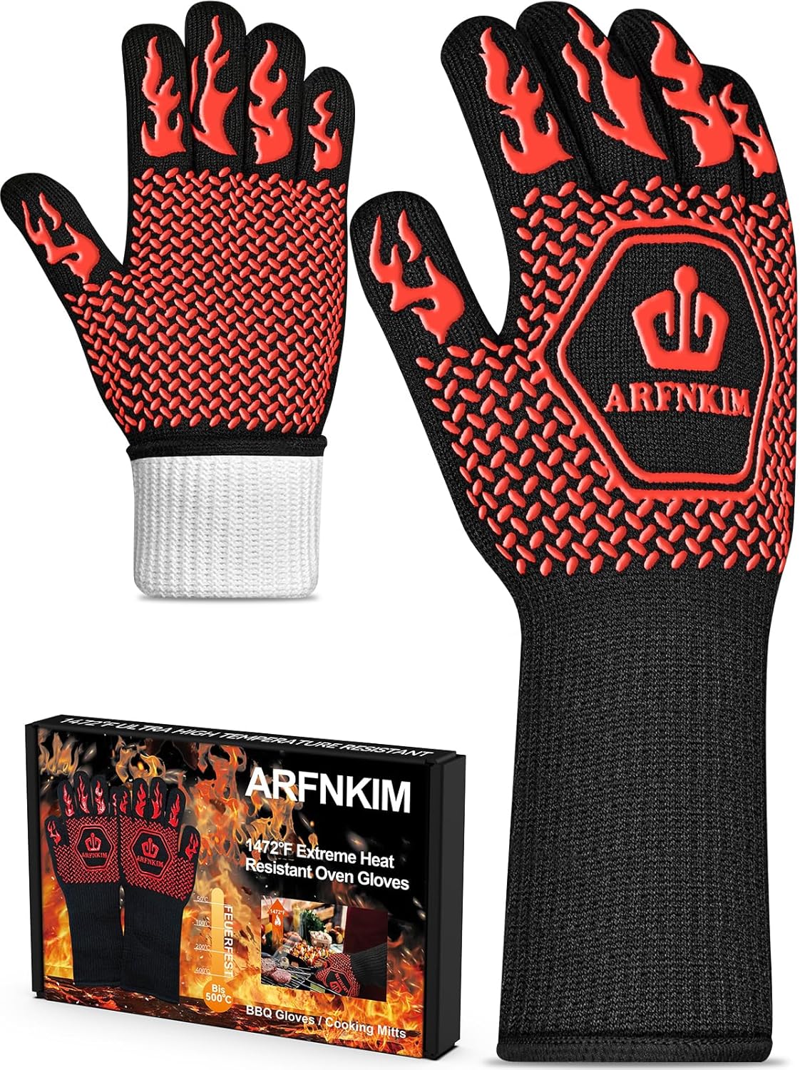 BBQ Oven Gloves, 1472℉ 3-Layers Heat Resistant Oven Mitts Silicone Non-Slip Cooking Gloves for Barbecue, Grilling, Baking, Welding, Smoker (A Pair) (Red)