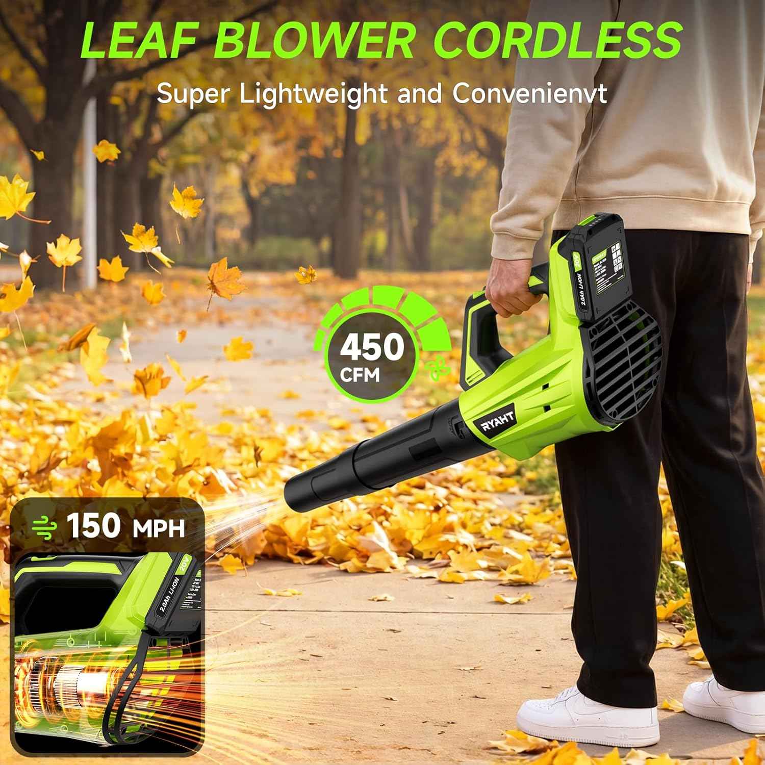 Leaf Blower Cordless, Leaf Blower with Battery and Charger - 2 Speed Modes, 2 Batteries, 20V Powerful Lightweight Electric Blowers for Blowing Leaves, Lawn Care, Patio, Green