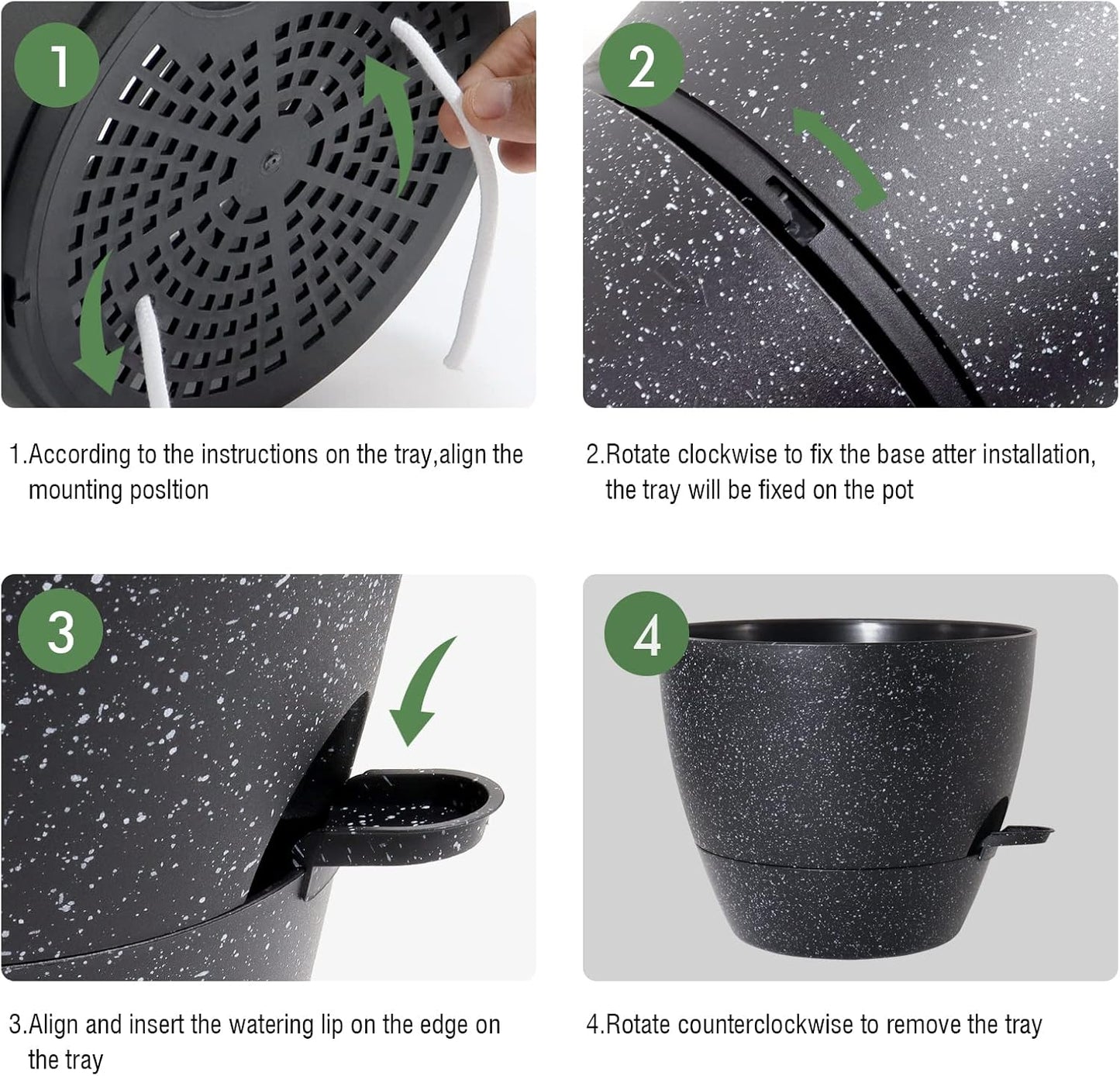 WOUSIWER 10 inch Self Watering Planters, 2 Pack Large Plastic Plant Pots with Deep Reservior and High Drainage Holes for Indoor Outdoor Plants and Flowers, Speckled Black