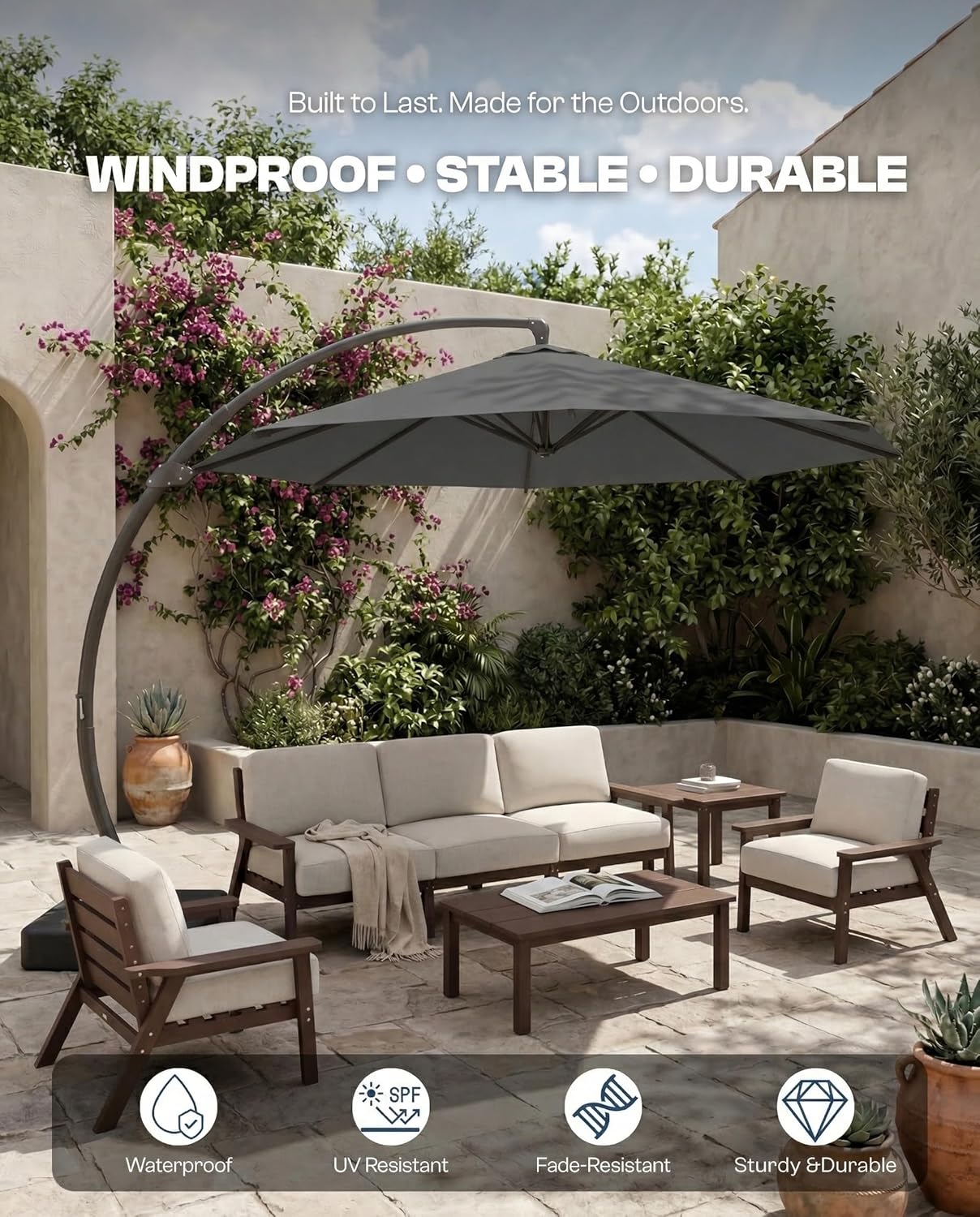11 FT Cantilever Umbrella with Base Included, Large Round 360° Rotation Offset Umbrella Outdoor Patio, Heavy Duty Aluminum Frame, Sand-Weighted Stand, for Deck, Backyard, Pool, Garden (Grey)
