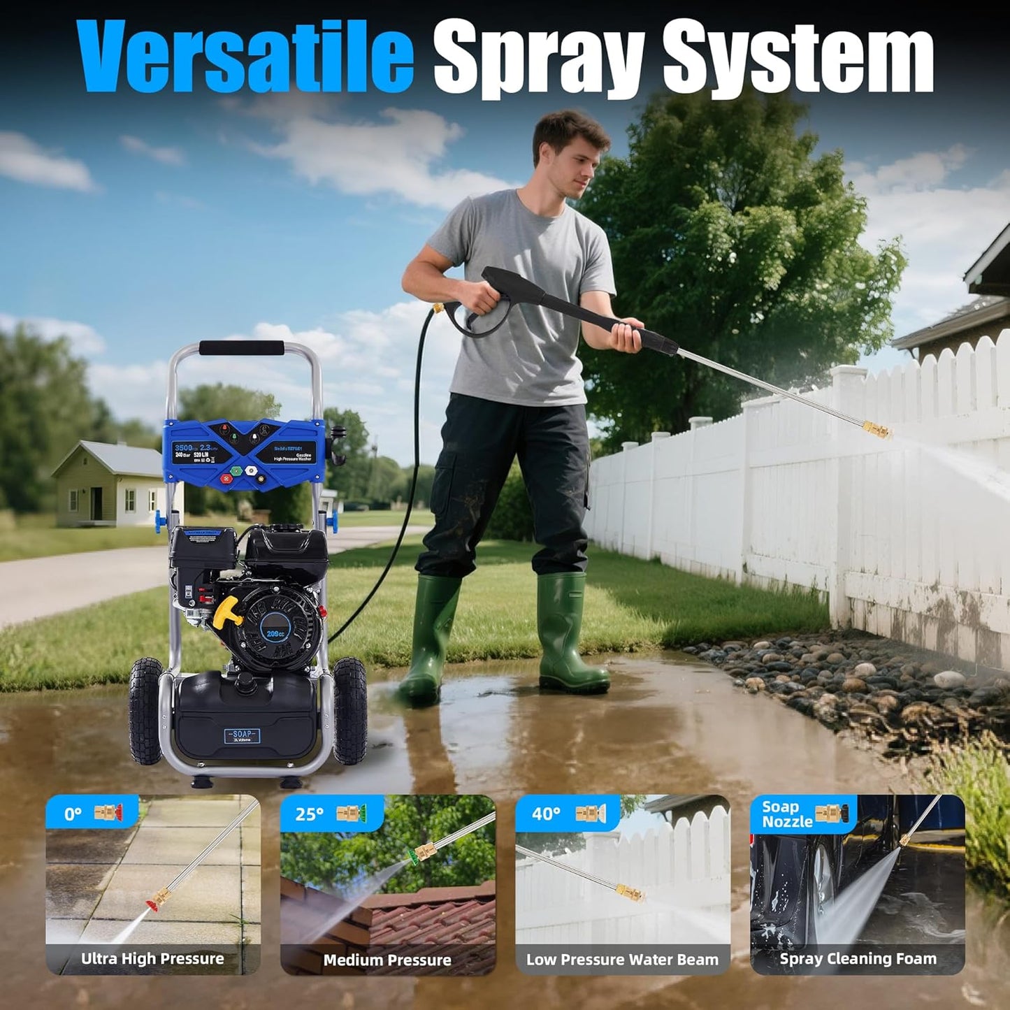 Gas Powered Pressure Washer 3500 PSI - 2.3 GPM Heavy Duty High Power Washer,209CC 7HP Engine with 25Ft Pressure Hose, Axial Aluminum Pump, Soap Tank, 4 Quick Connect Nozzle (Black)