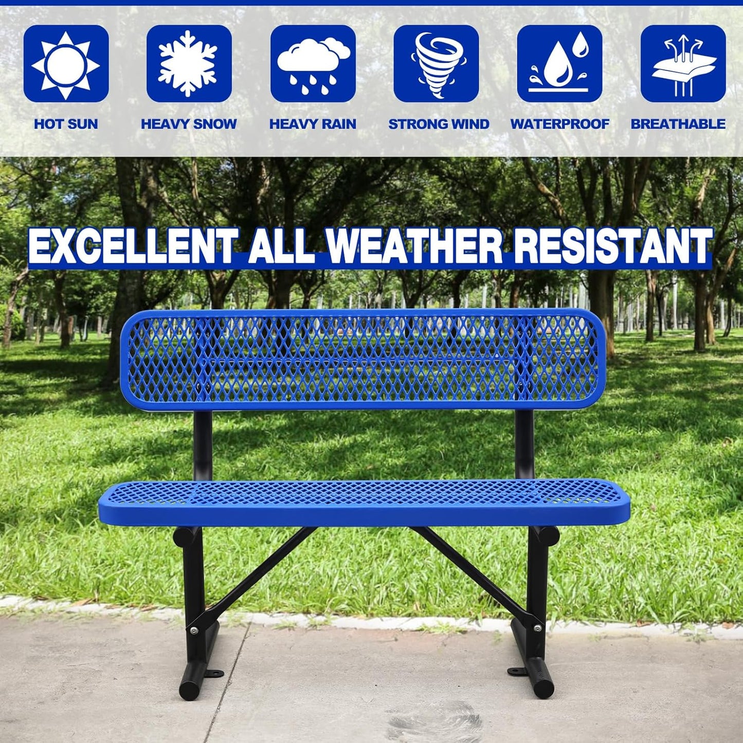 Outdoor Garden Bench, Cast Iron Metal Frame Patio Park Bench with Backrest, Portable Expanded Metal Black Bench, Commercial-Grade Outdoor Seating for Lawn, Patio, Park, Yard, Garden (Blue, 4FT/48'')