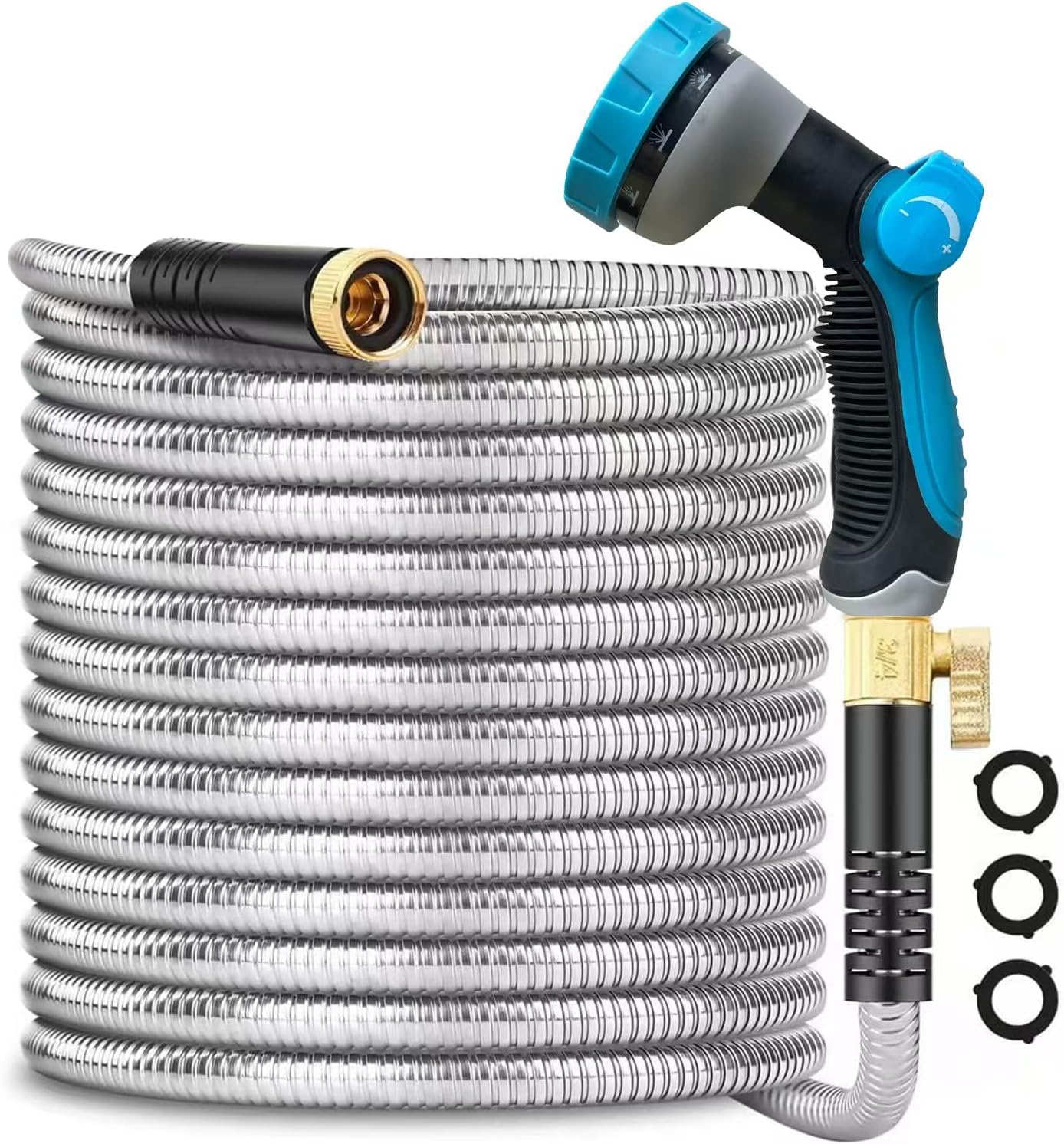 Metal Garden-Hose 200Ft Stainless Steel Water Hose Heavy Duty with 10 Way Nozzle – Flexible, Lightweight, No Kink & Tangle, 3/4'' Solid Metal Fitting, Shut-Off Valve for Outdoor Yard