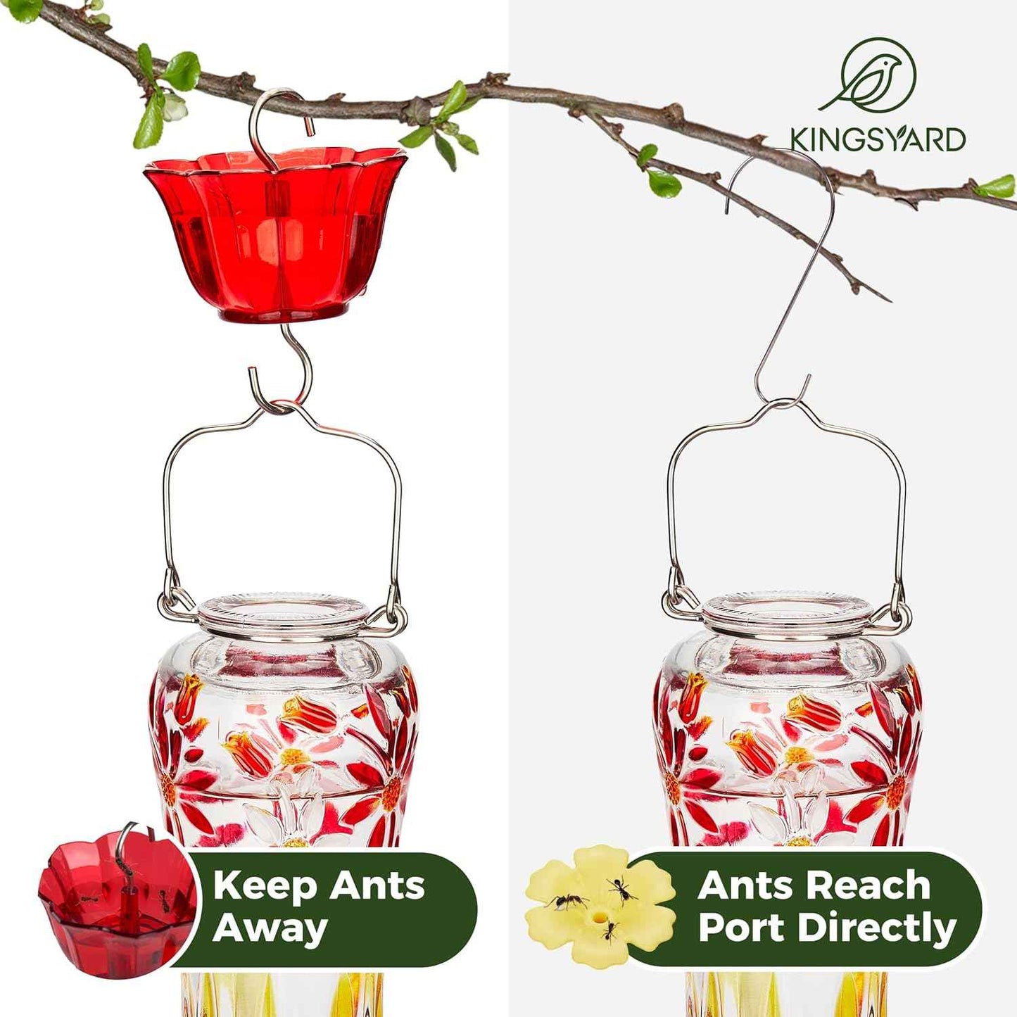 Kingsyard Glass Hummingbird Feeder 25oz – Ant Moat, 6 Bee-Proof Ports, 360° Perch