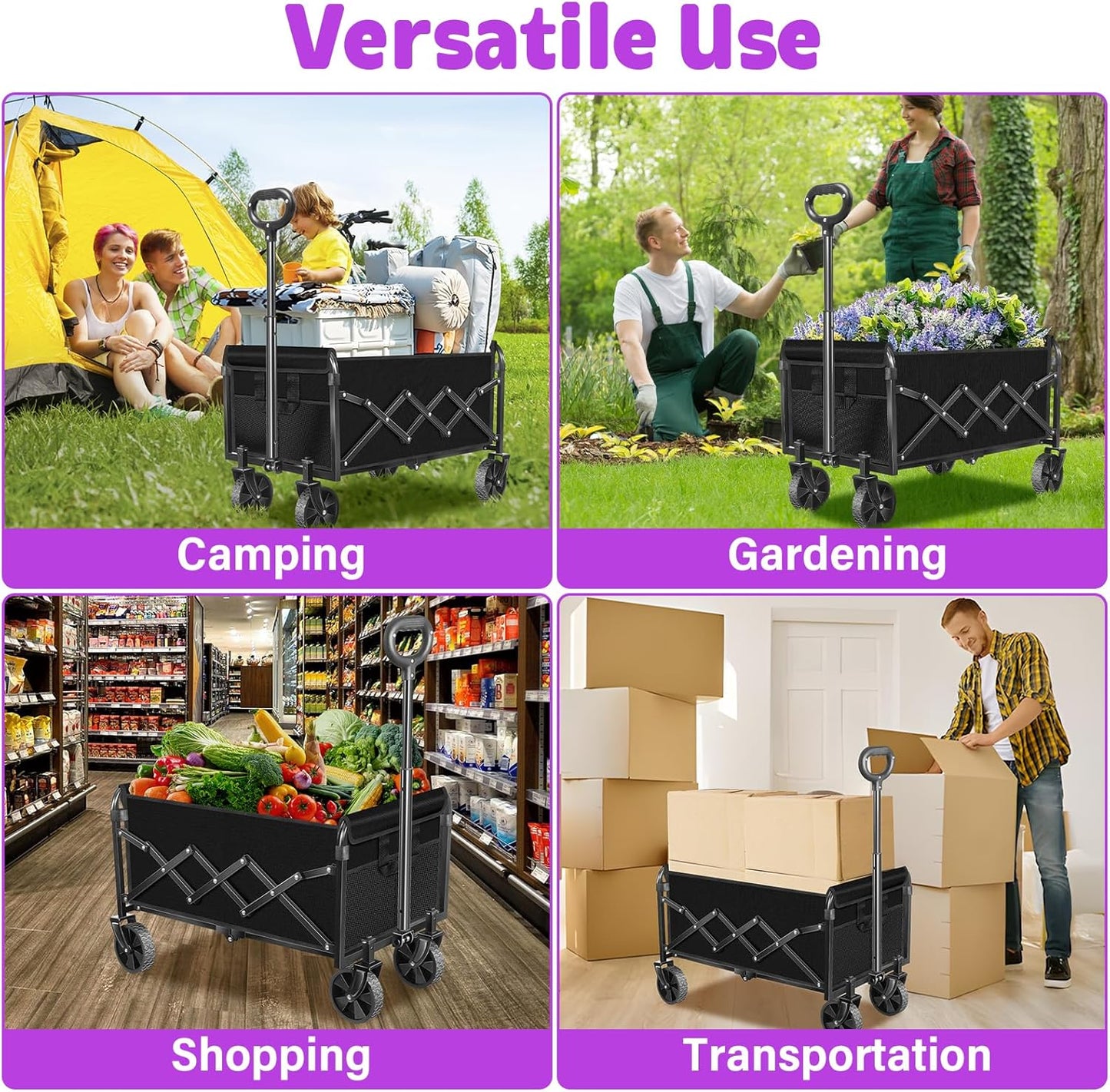 Wagons Carts Foldable,280 LBS Large Capacity Foldable Wagon Cart Collapsible Wagon with Wheels & Drink Holders,Utility Folding Cart for Camping Garden Beach Picinic Grocery Outdoor Shopping(Black)