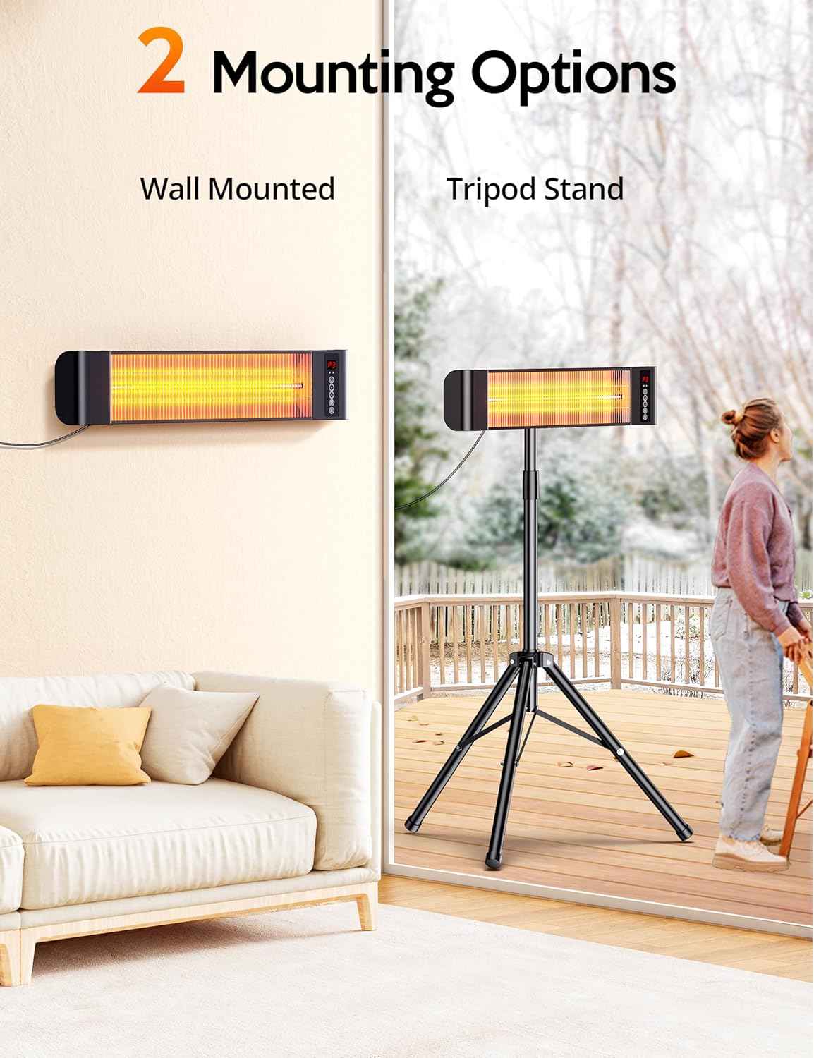 VAGKRI Outdoor Heaters, 1s Heating 1500W Infrared Patio Heater with Remote, 3 Heat Settings, 12H Timer, IP65 Waterproof, Wall Mount/Tripod Stand Electric Heater for Patio, Garage, Garden & Indoor Use