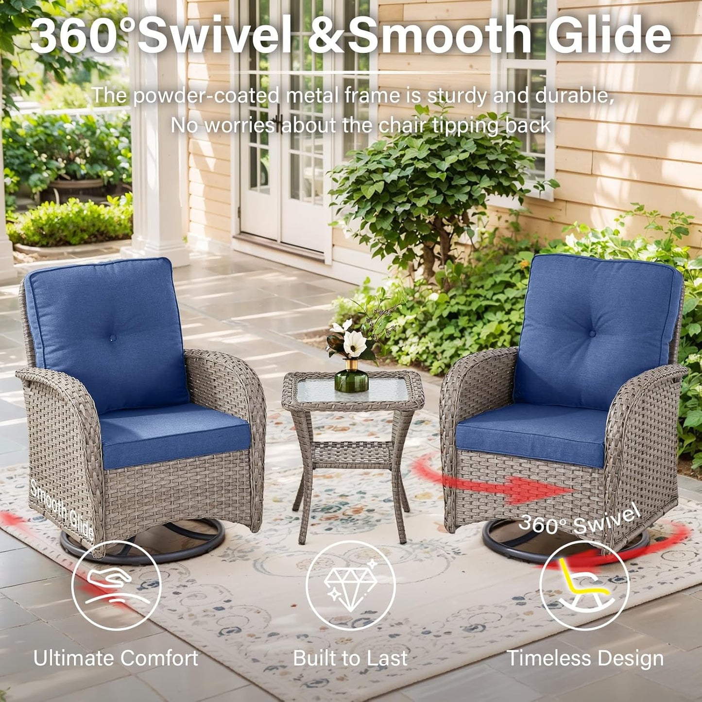 5 Piece Outdoor Patio Furniture Set with 50000 BTU Propane Fire Pit Table, Deep Seating Wicker Swivel Rocker Chairs and Loveseat Glider Patio Conversation Set for Deck Poolside Backyard