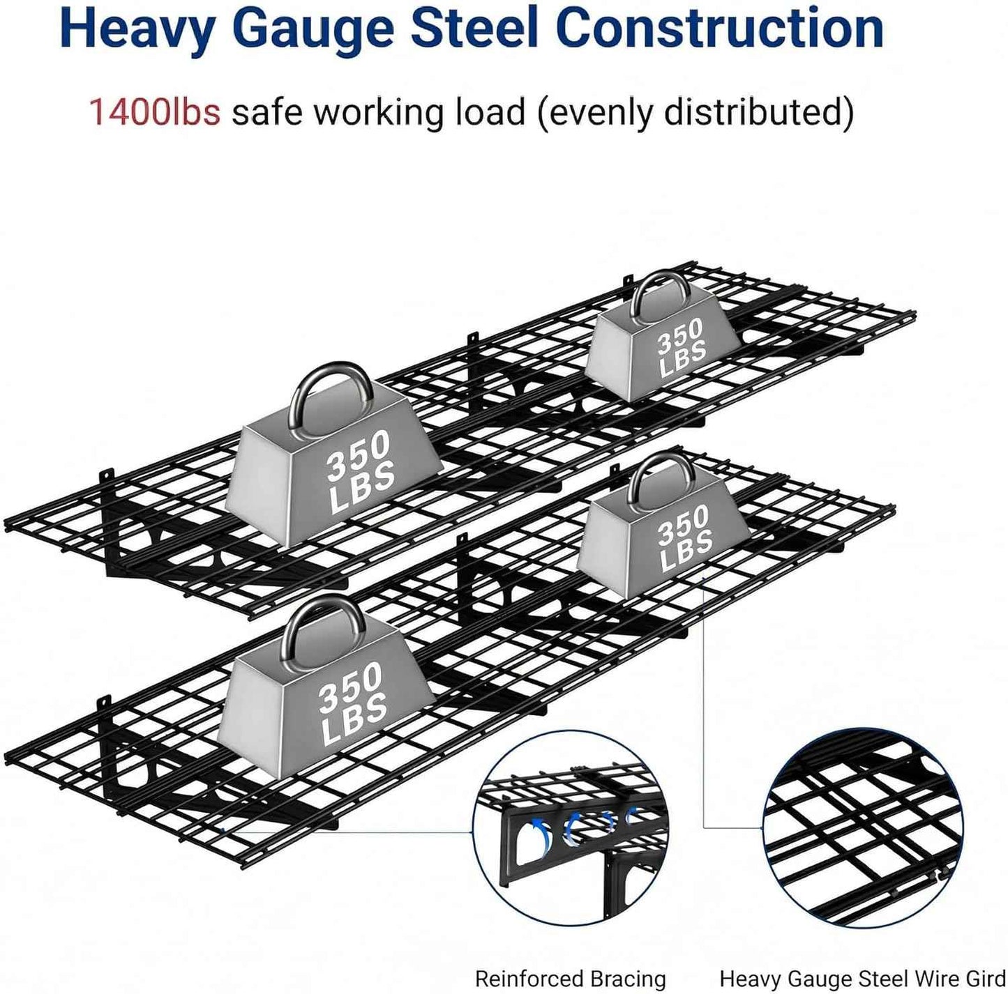FLEXIMOUNTS 2-Pack 2x6ft Garage Shelving with Hooks 24-inch-by-72-inch Wall Shelf Garage Storage Racks Floating Shelves, Black, Classic Series
