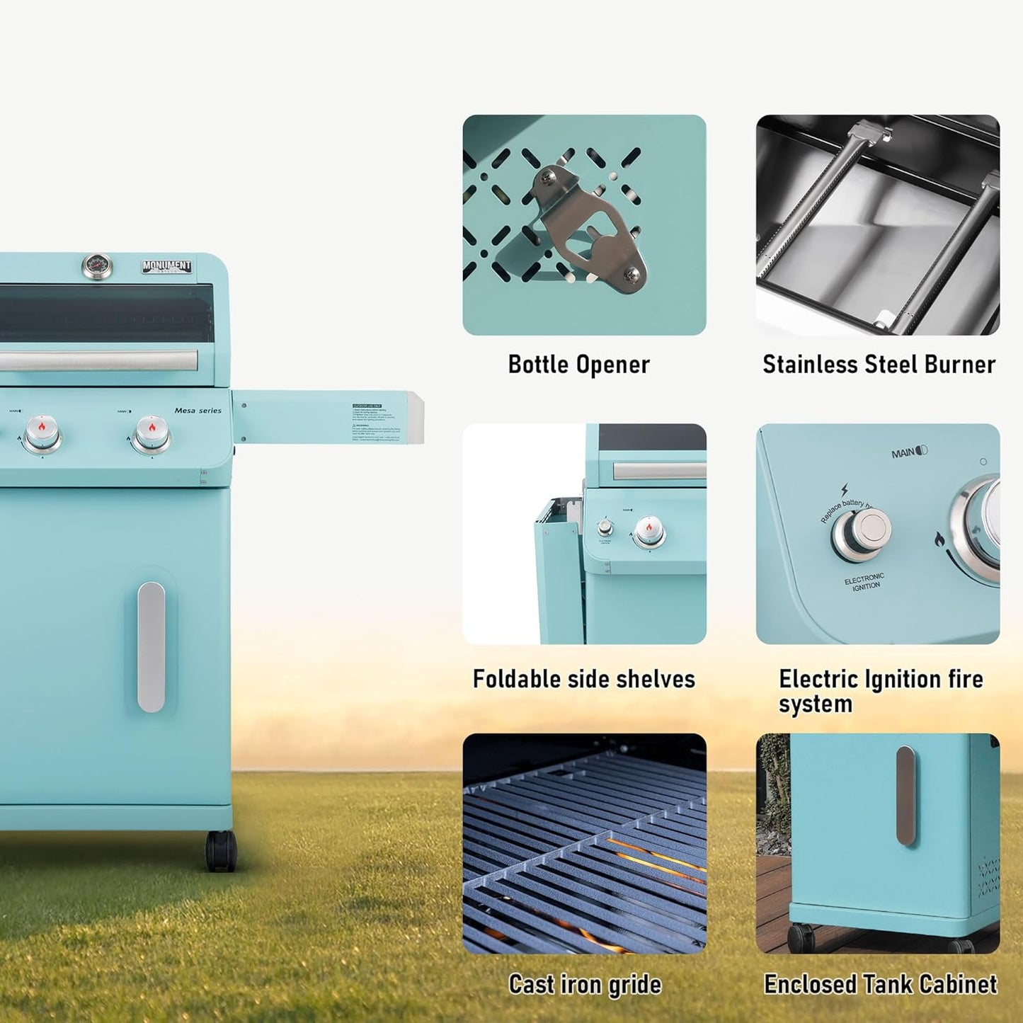 Monument Grills 2-Burner Stainless Steel Liquid Propane Gas Patio Garden Barbecue Grill with Clearview® Lid, Knob Control and Two Foldable Shelves Mesa200G with BBQ Cover, Green