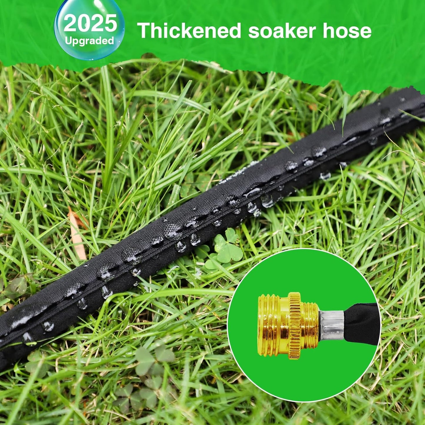 Mixc 2025-Thickened Flat Soaker Hose 100Ft with Copper Joint,Aluminum Seal,1mm Thickened Hose,360°Swival Handle and Inlet,Hole Pressure Relief Gasket,Drip Kit for Vegetable Garden,Lawn,Flower Bed