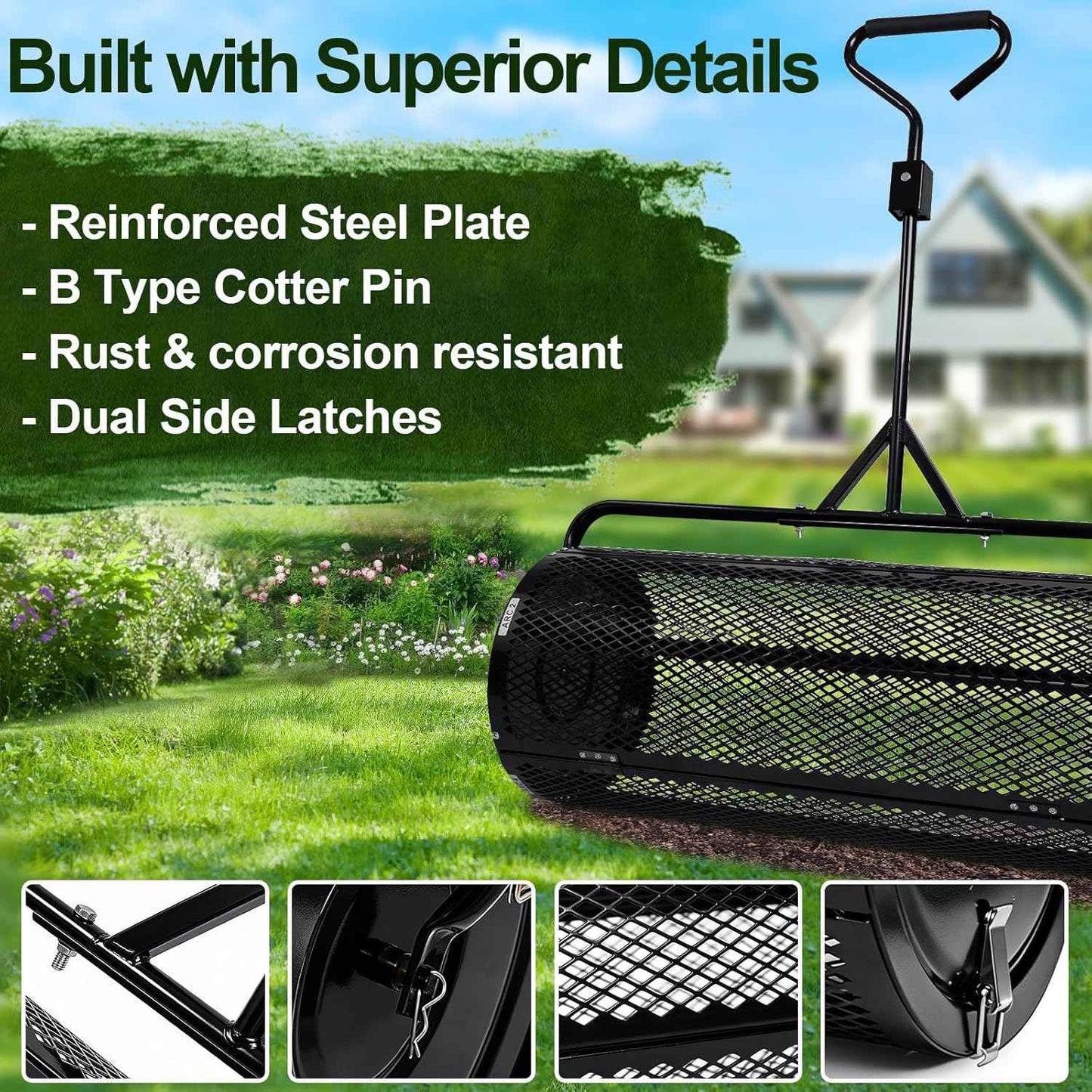 Compost Spreader 44 Inch Push/Tow Peat Moss Spreader with Installation Support, Powder-Coated Metal Mesh Roller Spreader for Manure , Lawn Care, Garden Spreading, Top Dressing & Mulch - Soil Spreader