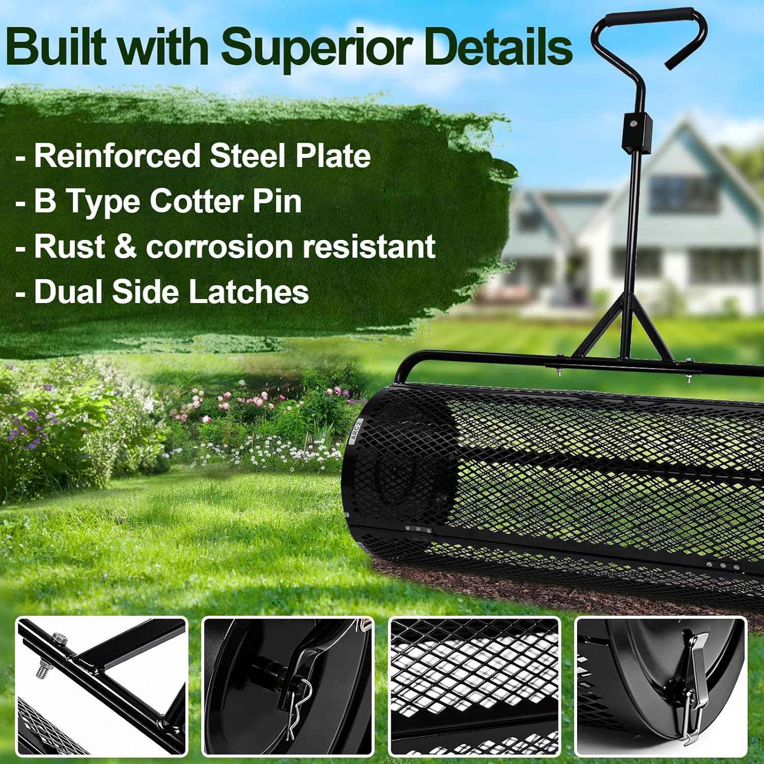 Compost Spreader 44 Inch Push/Tow Peat Moss Spreader with Installation Support, Powder-Coated Metal Mesh Roller Spreader for Manure , Lawn Care, Garden Spreading, Top Dressing & Mulch - Soil Spreader