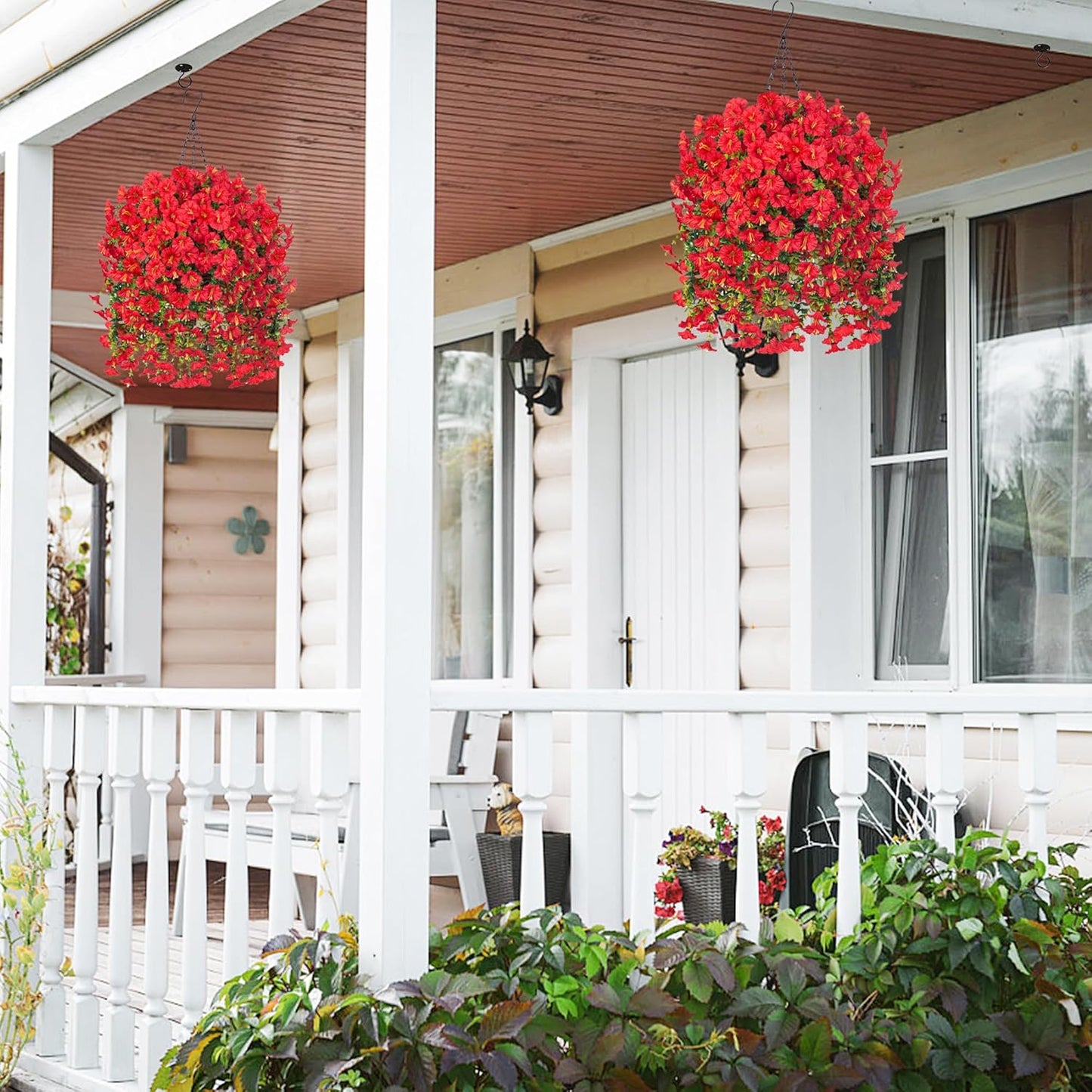 Artificial Hanging Flowers with Basket Outdoors Fake Flowers Plants for Winter Christmas Decor,3PCS Faux Red Silk Morning Glory Flower with Eucalyptus Realistic Vines for Home Porch Patio Balcony Yard
