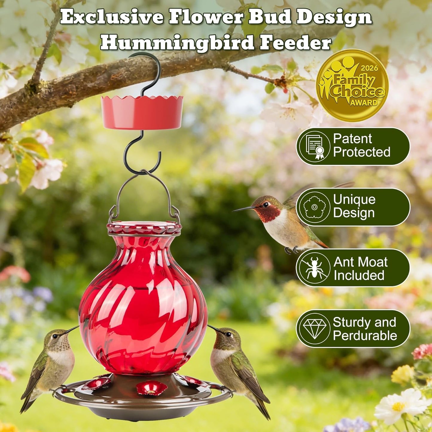 Hummingbird Feeder, Auslar 26 Ounces Glass Hummingbird Feeders for Outdoors Hanging Ant and Bee Proof, Ant Moat & 5 Flower Feeding Ports, Rustproof, Leakproof, Netted Flower Bud Shape Bottle, Red