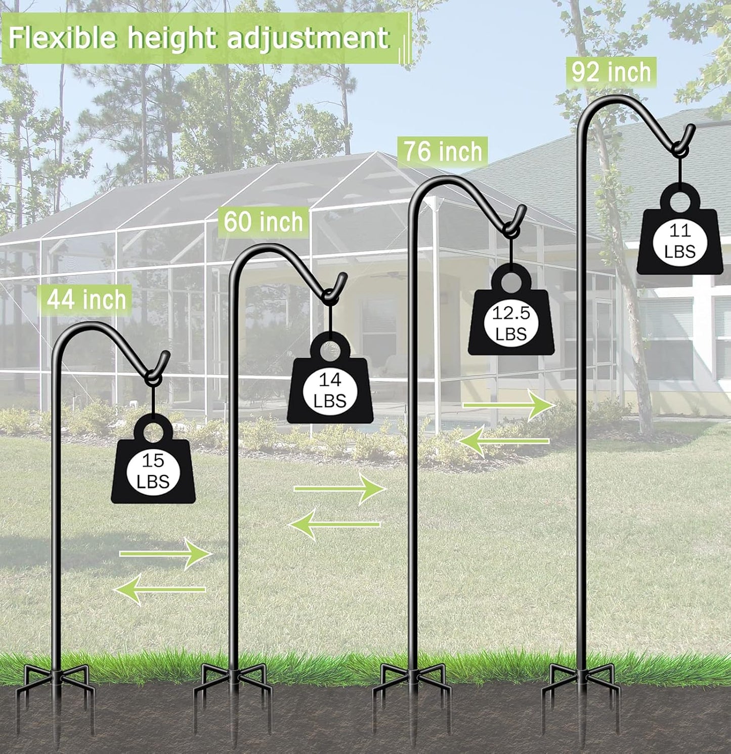 Garbuildman 92 Inch Tall Shepherd Hooks with 5-Forked Base, Adjustable Heavy Duty Bird Feeder Pole Stand Hanger for Outdoor, Shiny Black, 2 Pack