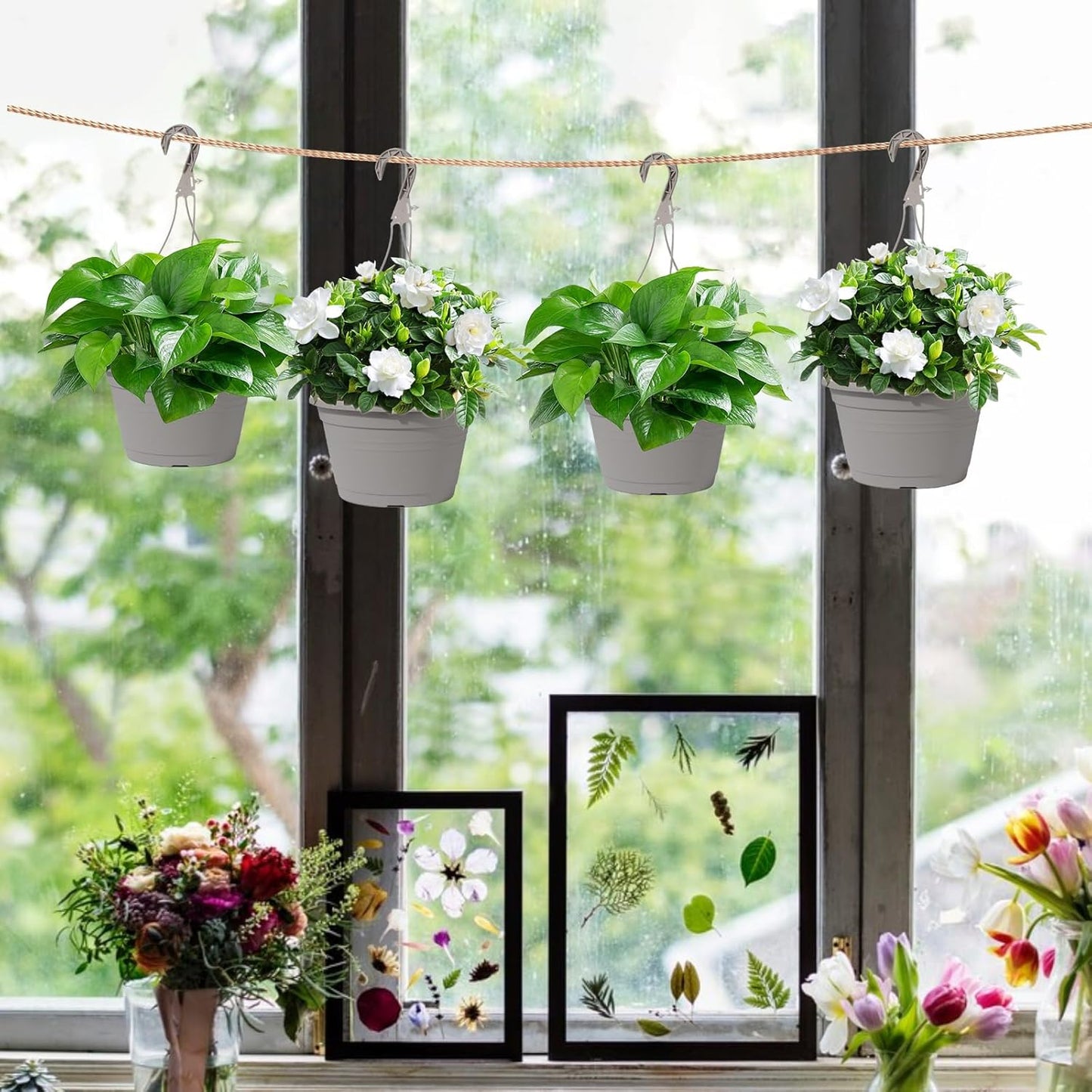 4 Pcs Hanging Planters,10" Hanging Pots Plastic Hanging Flower Plant Basket with Drainage Trays & Chain Holder for Outdoor Indoor Plants Garden Balcony Decoration, Light Gray