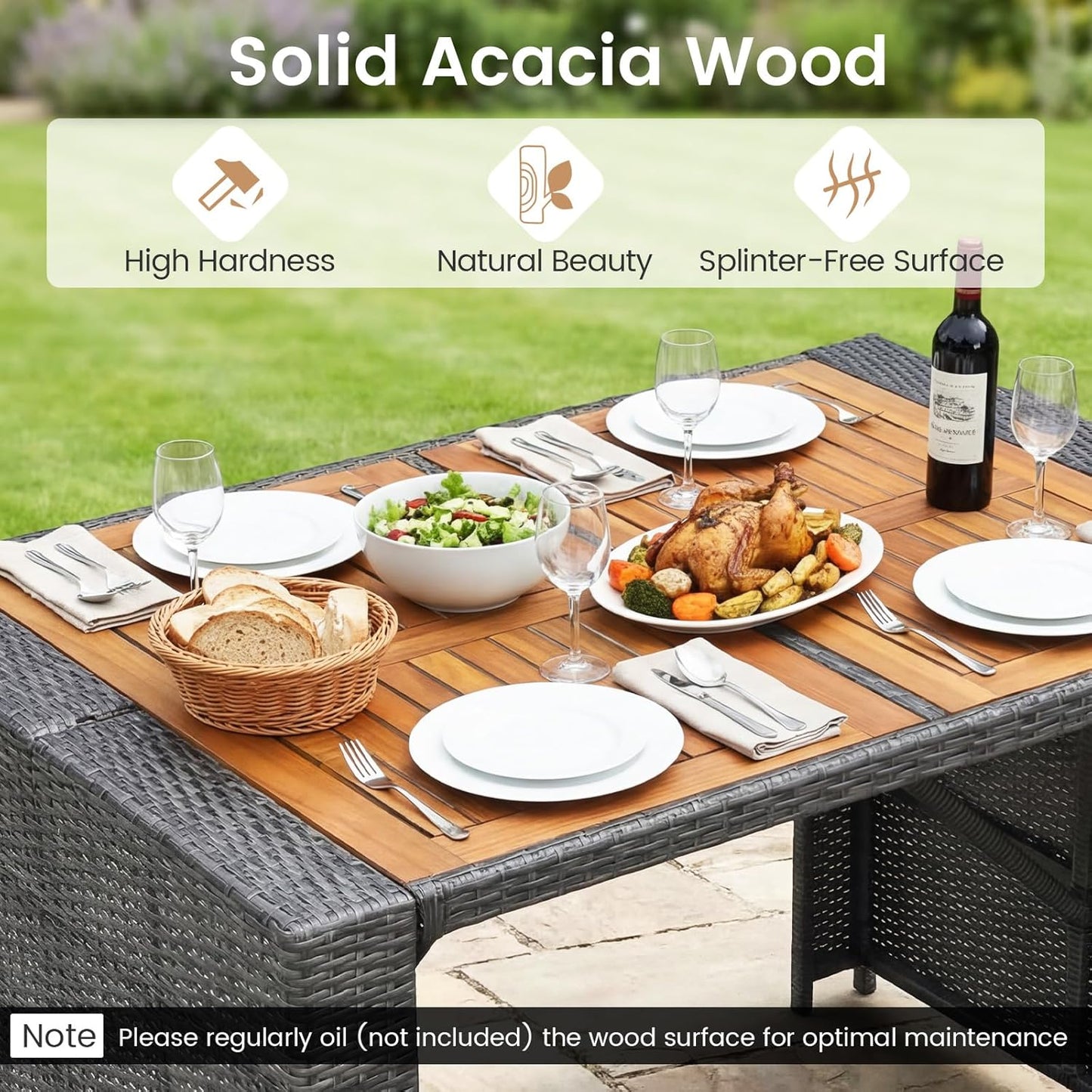 Tangkula 5 Piece Wicker Outdoor Bar Set, Patiojoy Acacia Wood Patio Table and Chairs Set with Bar Height Table & 4 Rattan Bar Stool, Backrest and Footrest for Pool Backyard Deck