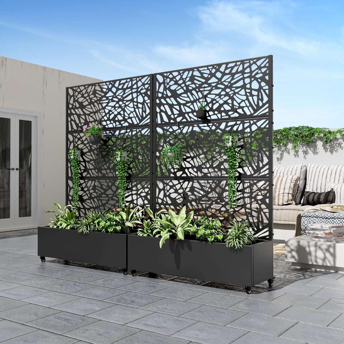 Lumioca 71"x47"x16" Metal Raised Garden Bed with Trellis, Trellis with Planter Box for Backyard Patio Balcony Climbing Plants, Black Web