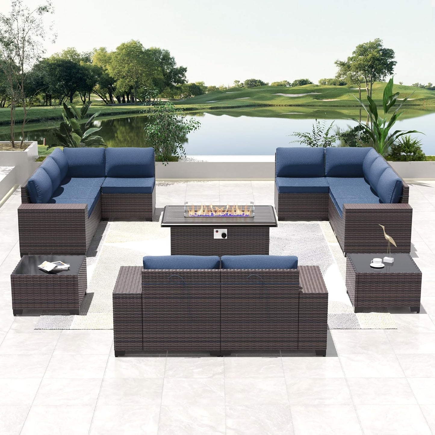 13 PCS Outdoor Patio Furniture Set,Outdoor Sectional Furniture with 43" 55000 BTU Gas Propane Fire Pit Table,All Weather PE Rattan Wicker Patio Conversation Set,Navy Blue
