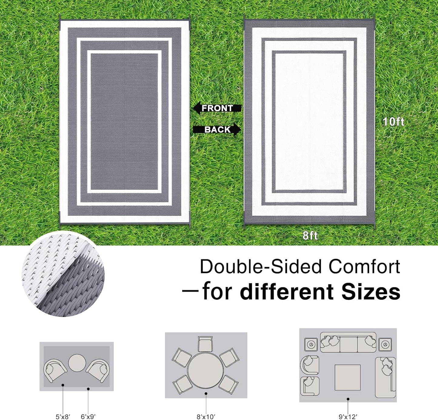 OLANLY Outdoor Rug 8x10 ft Waterproof, Reversible Outdoor Plastic Straw Rug, RV Mat, Indoor Outdoor Carpet Clearance for Patio, Camping, Balcony, Deck, Backyard, Grey & White