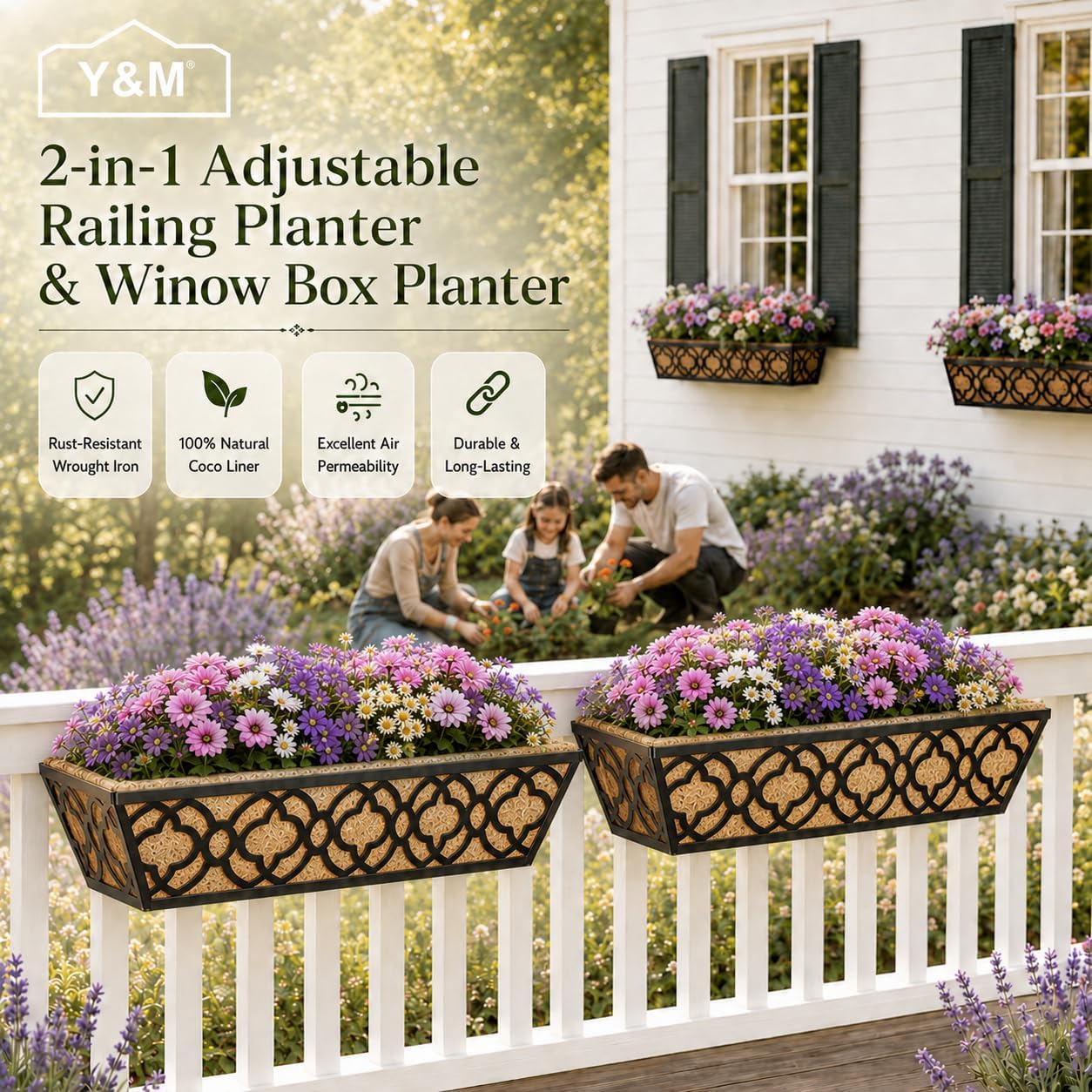 Y&M Railing Planter Boxes 24 Inch 2 Pack, Hanging Balcony Planter, Adjustable Deck Railing Planter Box, Metal Window Boxes Outdoor for Fence, Porch Flower Pots Holder