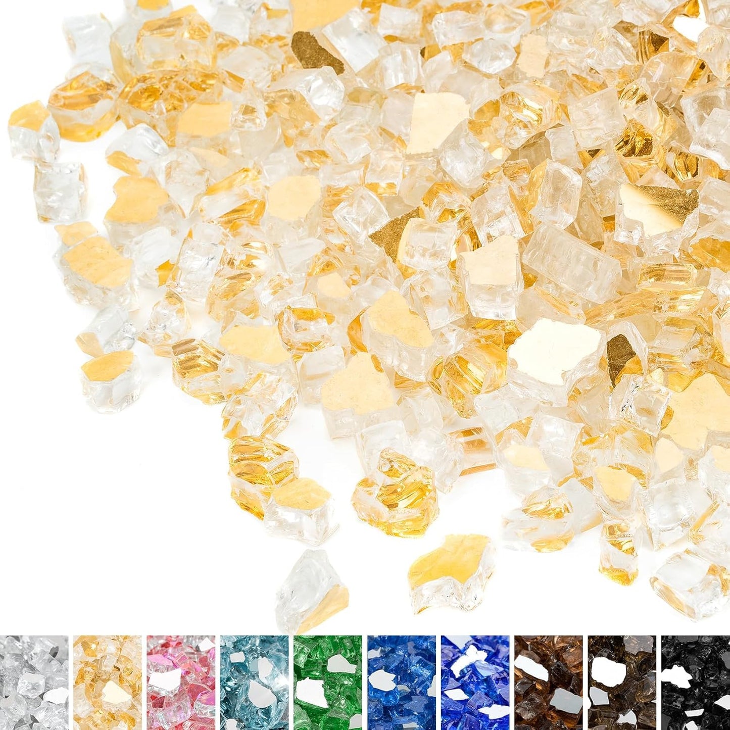 Mr. Fireglass 10 Pounds Fire Glass - 1/4 Inch High Luster Reflective Tempered Glass Rocks for Fireplace Fire Pit Table and Landscaping, Gold