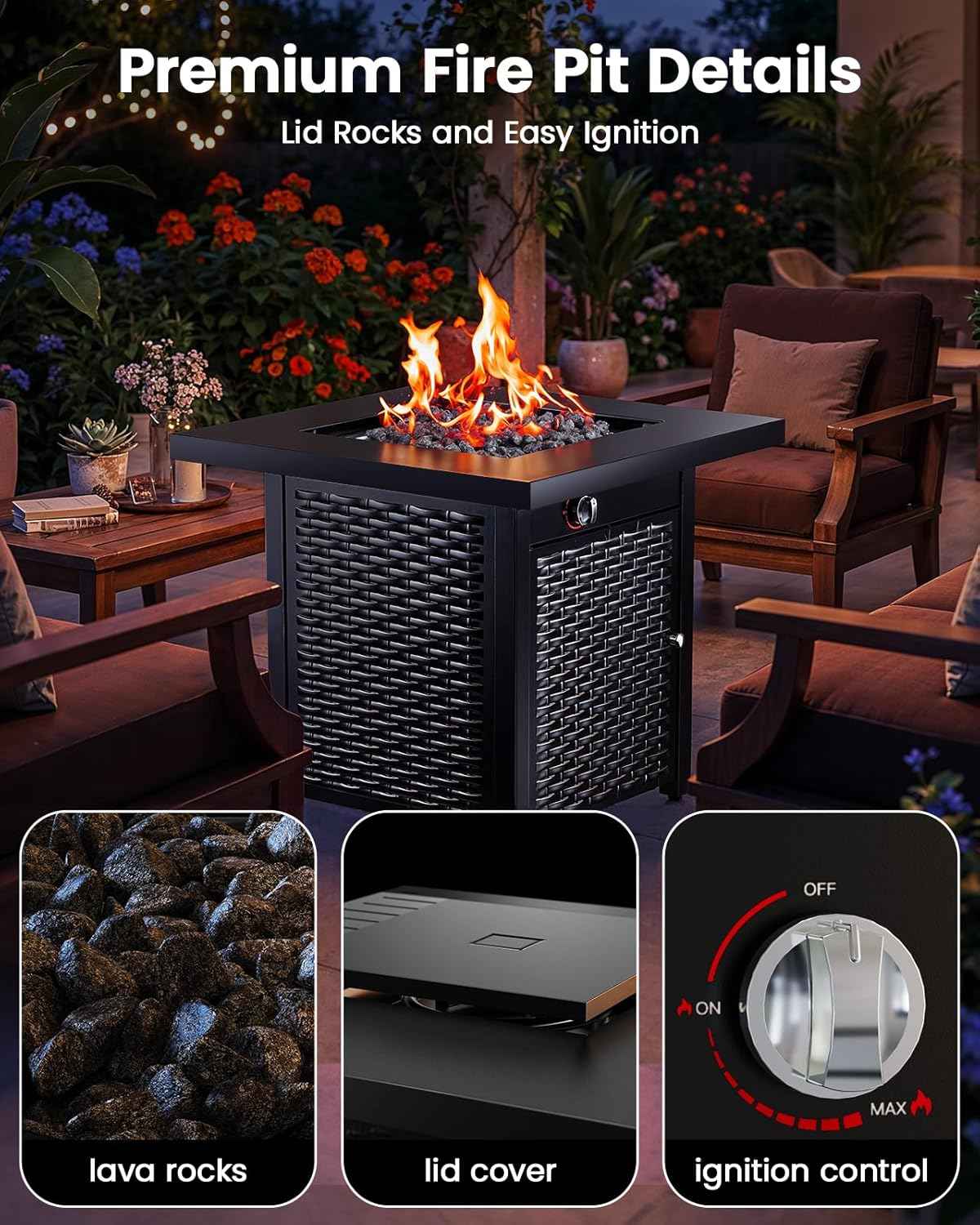 Ciays 28 Inch Propane Fire Pit CSA-Listed Outdoor Fire Pit Table, 50,000 BTU Steel Gas Fire Pits with Lid and Lava Rock, Add Warmth and Ambience to Parties On Patio Deck Garden,Black,CIFPT3-N1
