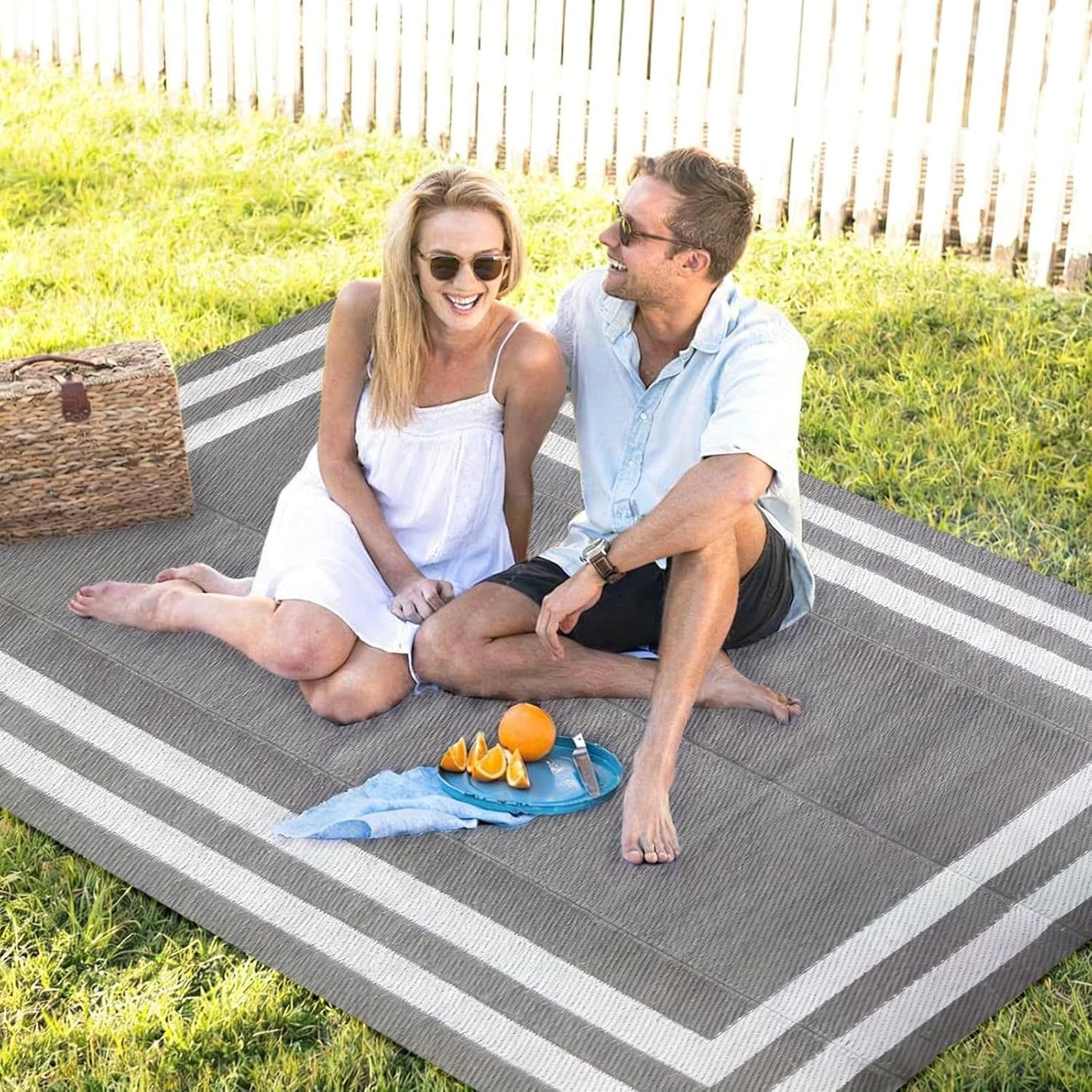 9'x 12' Outdoor Rug,Waterproof Reversible Patio Rugs,9x12 ft Plastic Straw Outdoor Carpet Foldable Plastic Camping Mat for Outside RV, Patio,Picnic,Camper,Balcony,Porch(Gray&White)