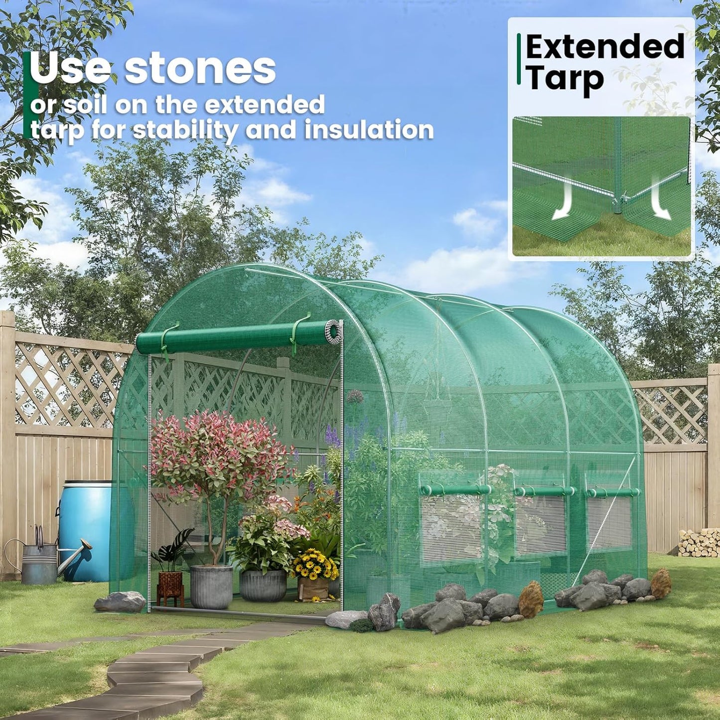 Walk-in Greenhouse 13×8×7FT, Outdoor Tunnel Greenhouse, Large Plant Hoop House for Outside, Hot House for Winter with 6 Ventilated Mesh Windows, Galvanized Steel Frame (Green, 13×8×7FT)