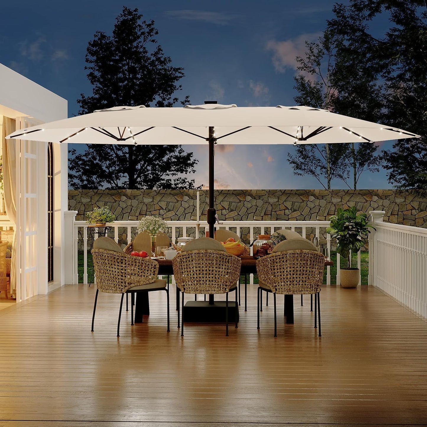 15FT Extra Large Double-Sided Patio Umbrella with Solar LED Lights – Heavy-Duty Rectangular Outdoor Market Umbrella, Fade-Resistant UV Canopy, Included Base for Backyard, Pool, Deck, Garden – Beige/Mist Blue