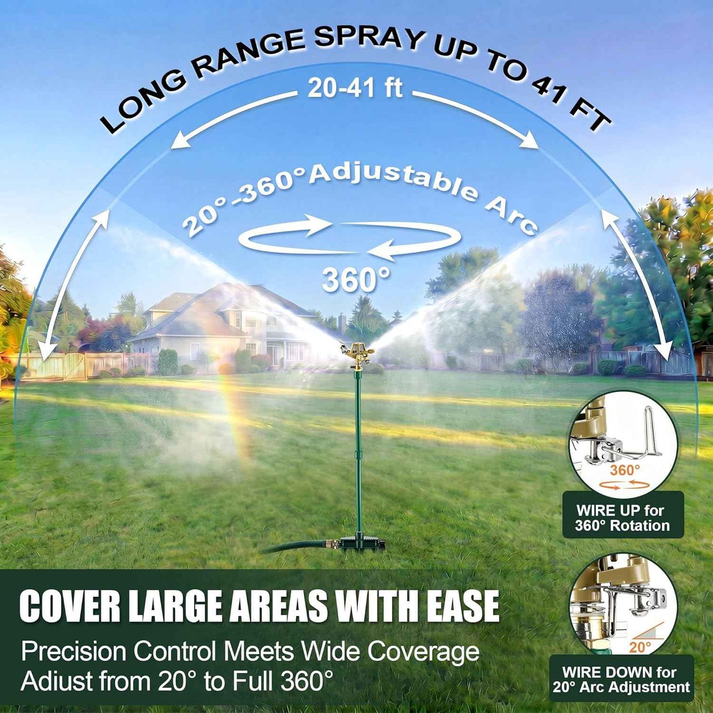 Heavy Duty Impact Sprinkler for Yard Large Area, 360° Brass Pulsating Sprinkler, Includes 3 Stackable Extension Risers, Long Range Lawn & Garden Water Sprinklers(Metal Spike Base)