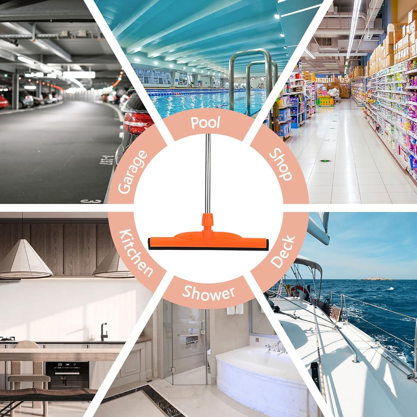 Floor Squeegee Scrubber, 17'' Heavy Duty Household Broom EVA Foam Blade Rubber Wiper Squeegee for Concrete Floor Garage Shower Bathroom Tile Scrubber 60'' Long Handle Multifunction Magic Broom(Orange)