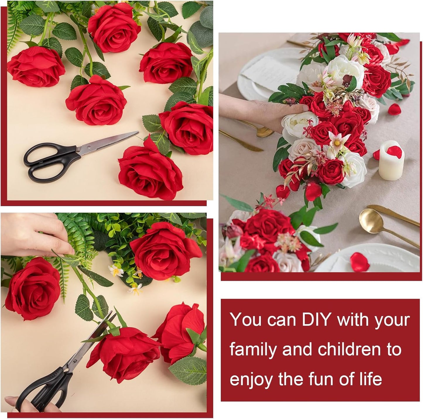 Ouddy Decor 20 Pcs Red Roses Artificial Silk Flowers Fake Roses Bouquet with Long Stems for Mother's Day Decor Wedding Home Party Table Centerpieces Bridal Bouquet DIY Floral Arrangment, Red