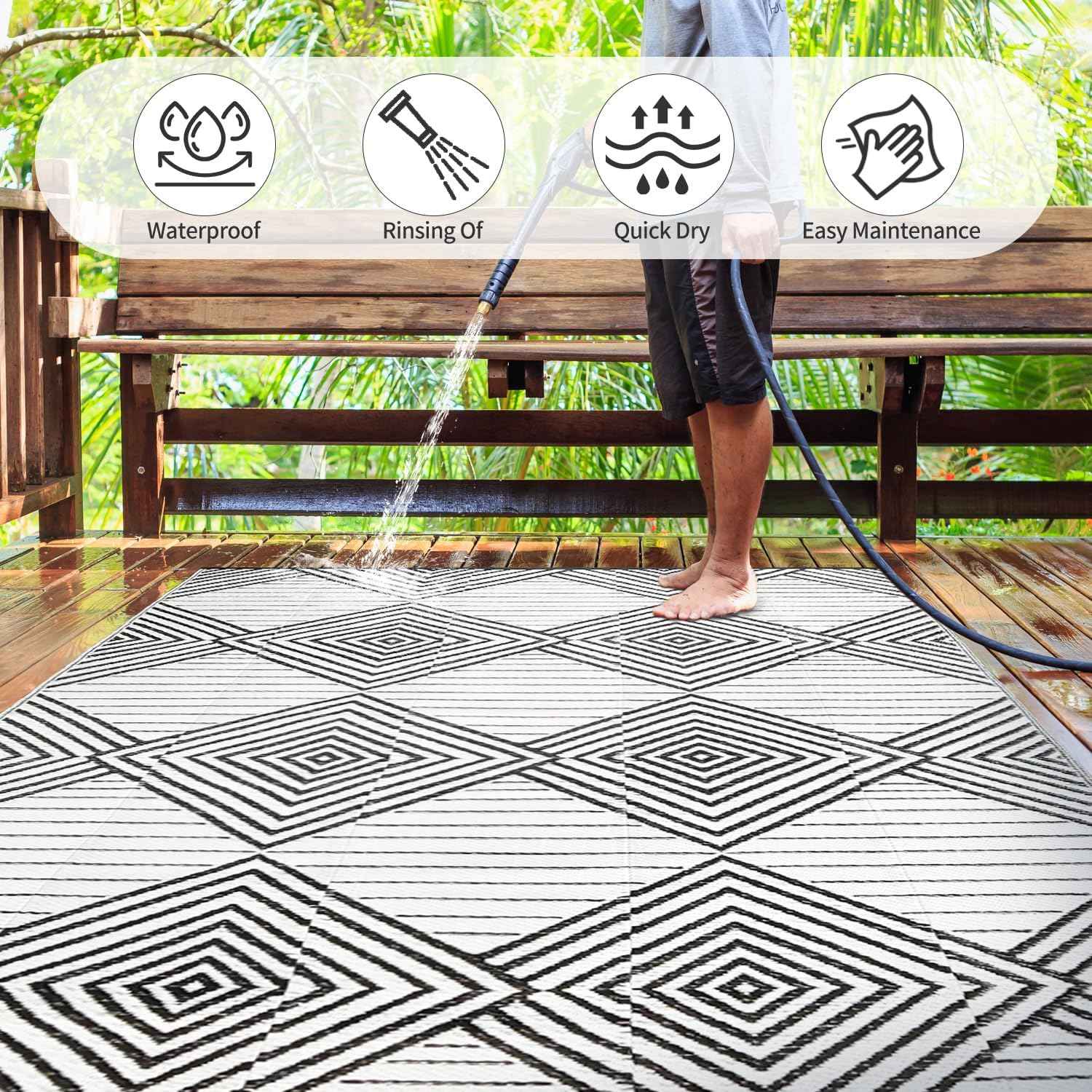 Waterproof Outdoor Rug 6x9ft, Foldable Reversible Plastic Straw Mat for Patio RV Deck Porch Backyard Balcony Camping Picnic Beach Indoor Outdoor Carpet, Black&White